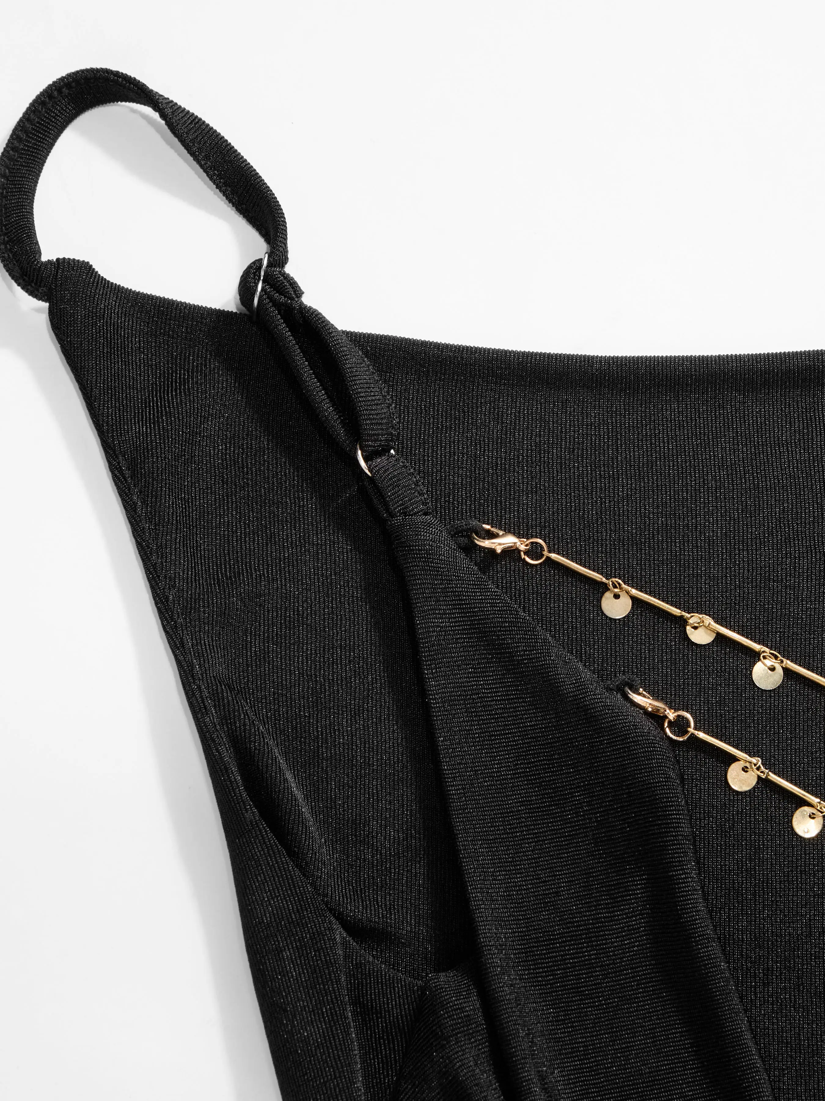 Cowl Neck Metal Chain Backlesss Ruched Wide Leg Jumpsuit