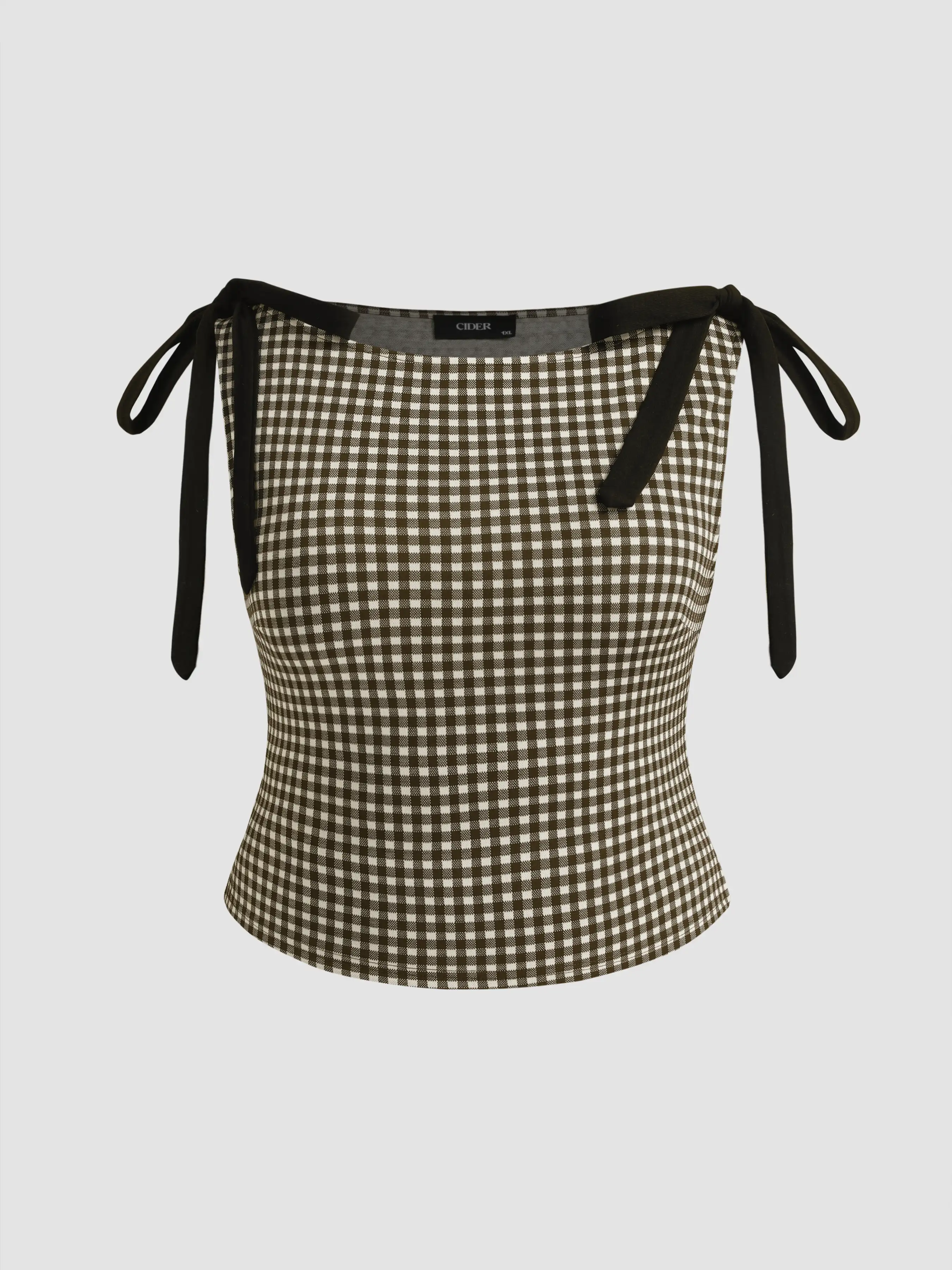 Cotton-blend Boat Neck Gingham Bowknot Tank Top Curve & Plus