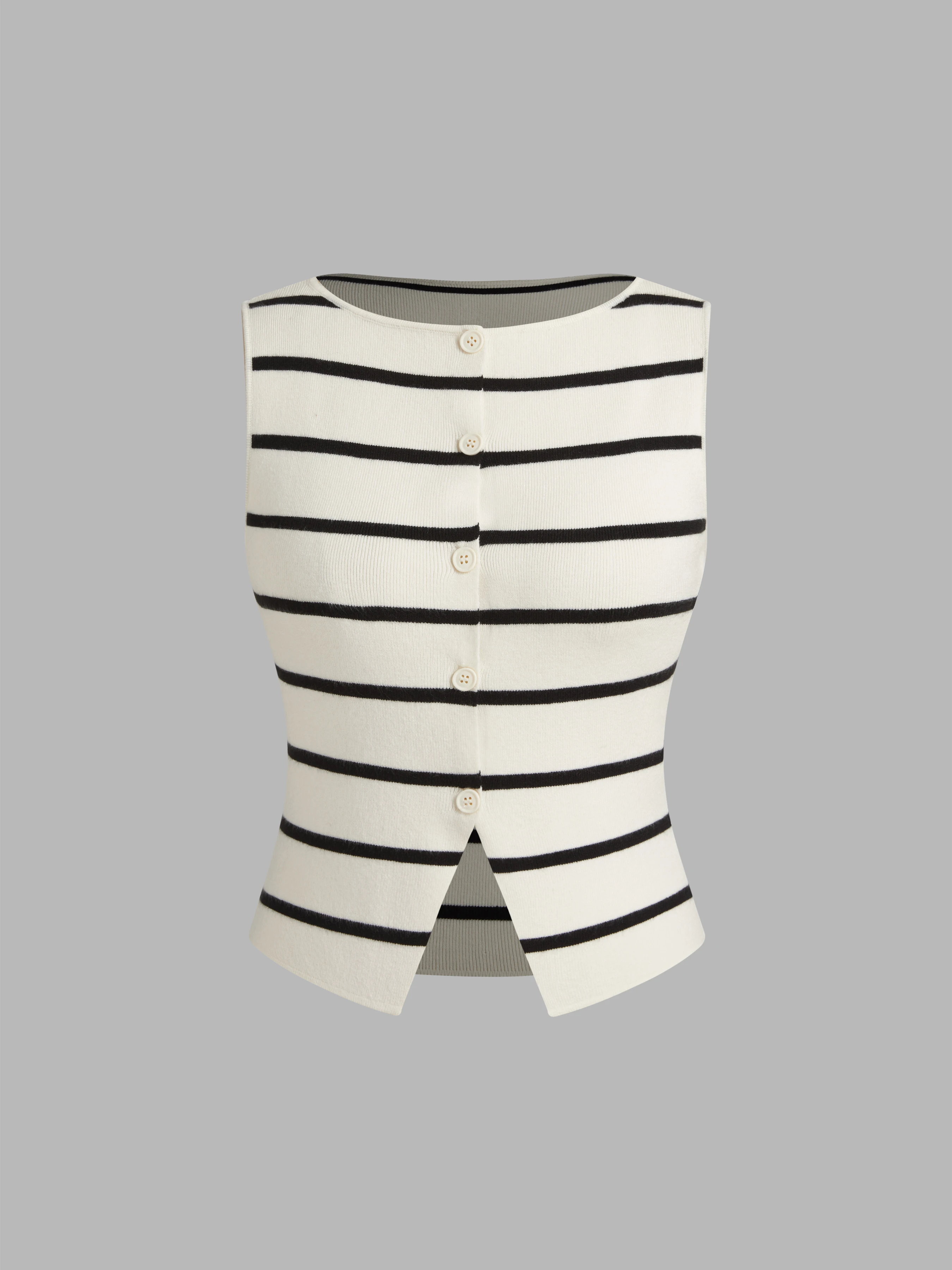 Knit Boat Neck Striped Button Split Vest