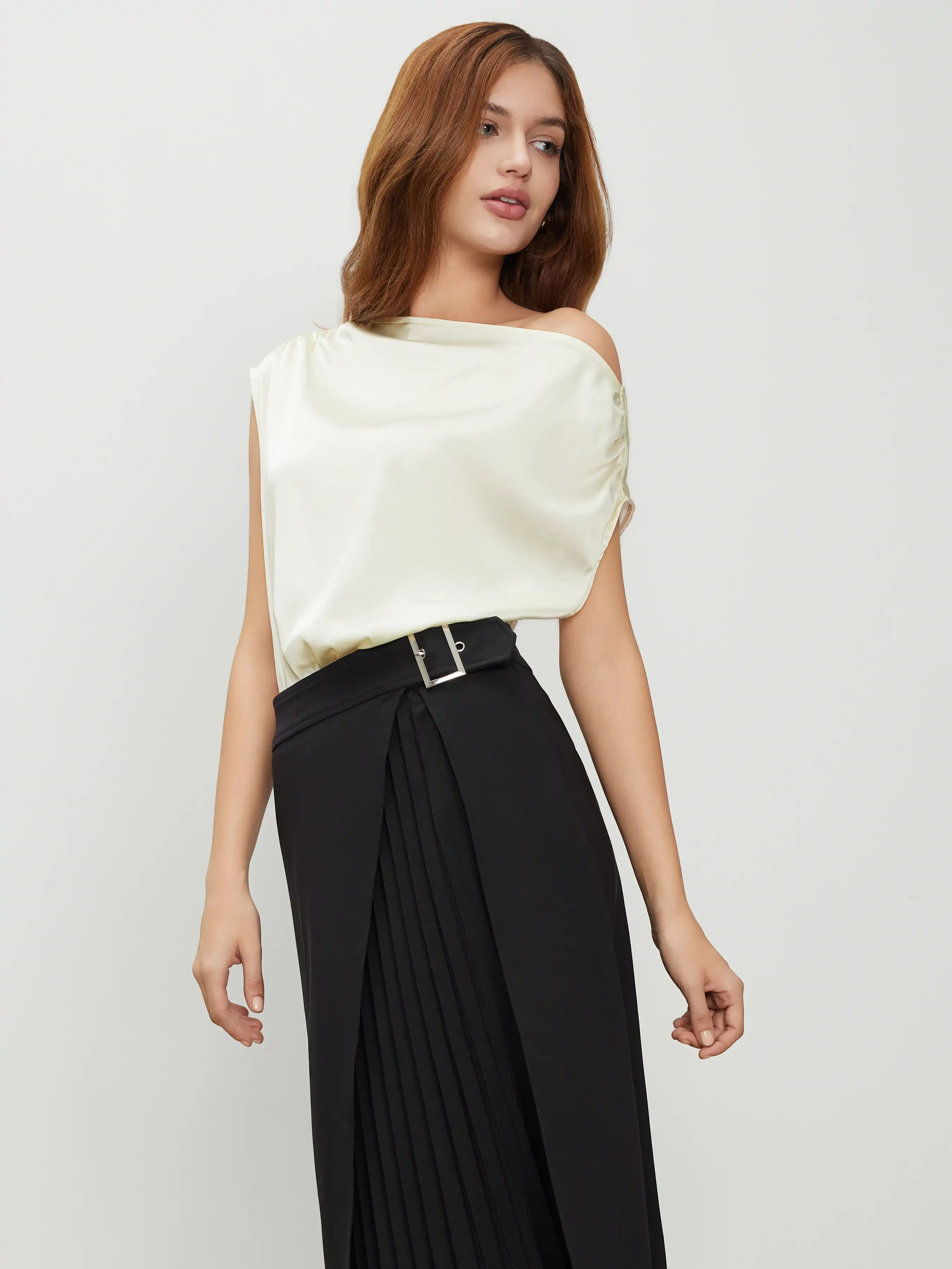 Satin Asymmetrical Neck Solid Ruched Bodysuit