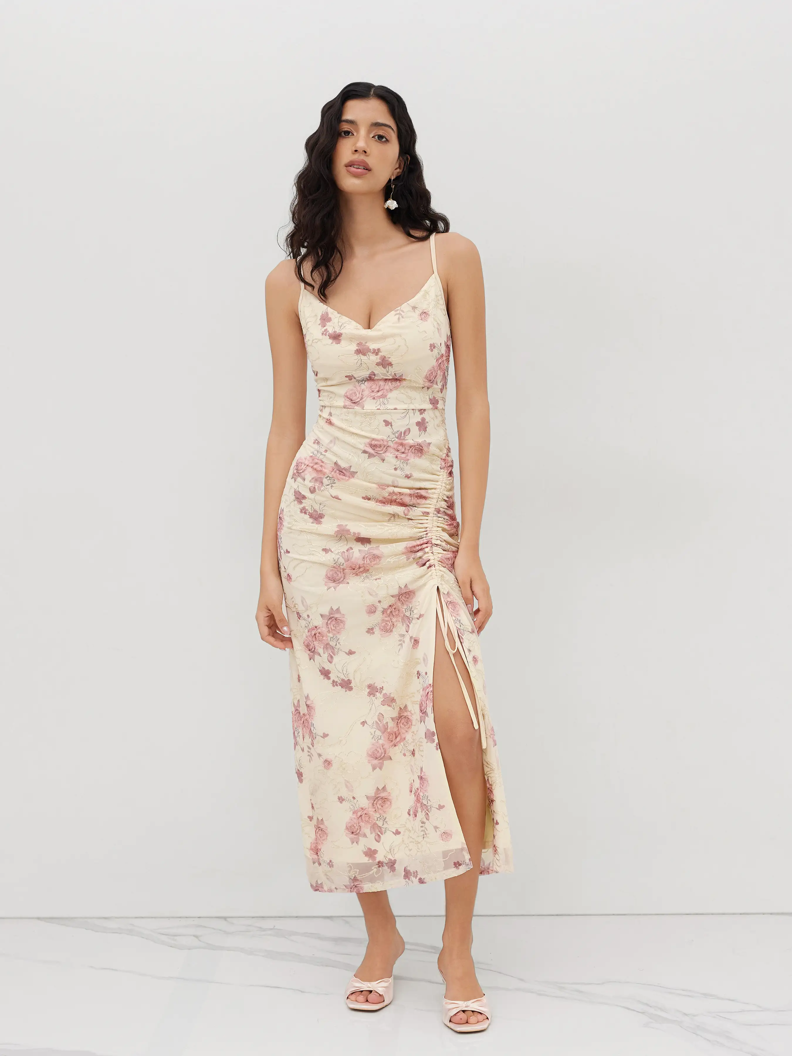 Mesh Sweetheart Floral Drawstring Ruched Maxi Dress
