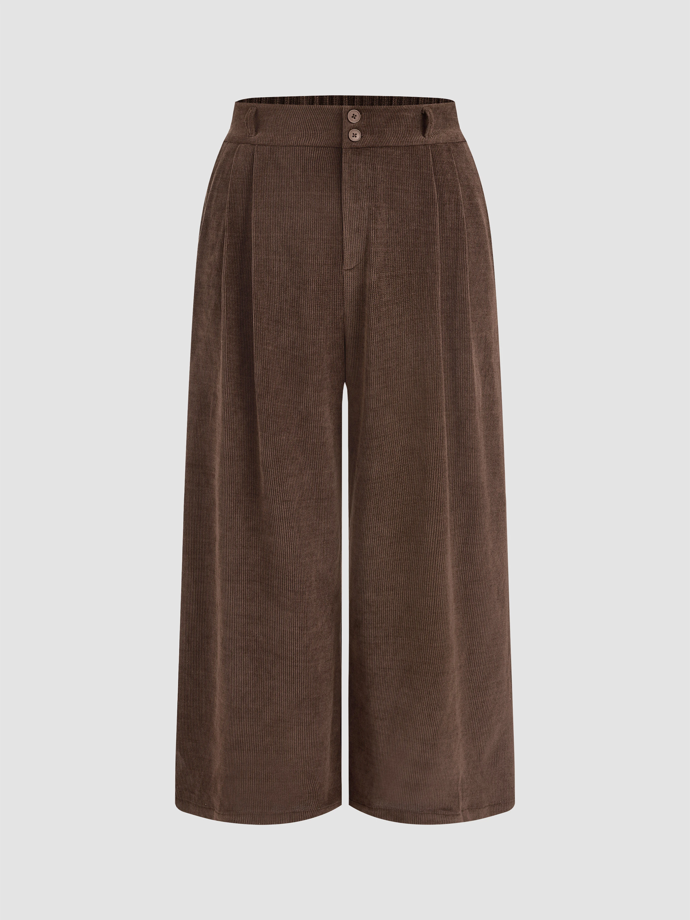 Corduroy High Waist Solid Pleated Wide Leg Trousers Curve & Plus
