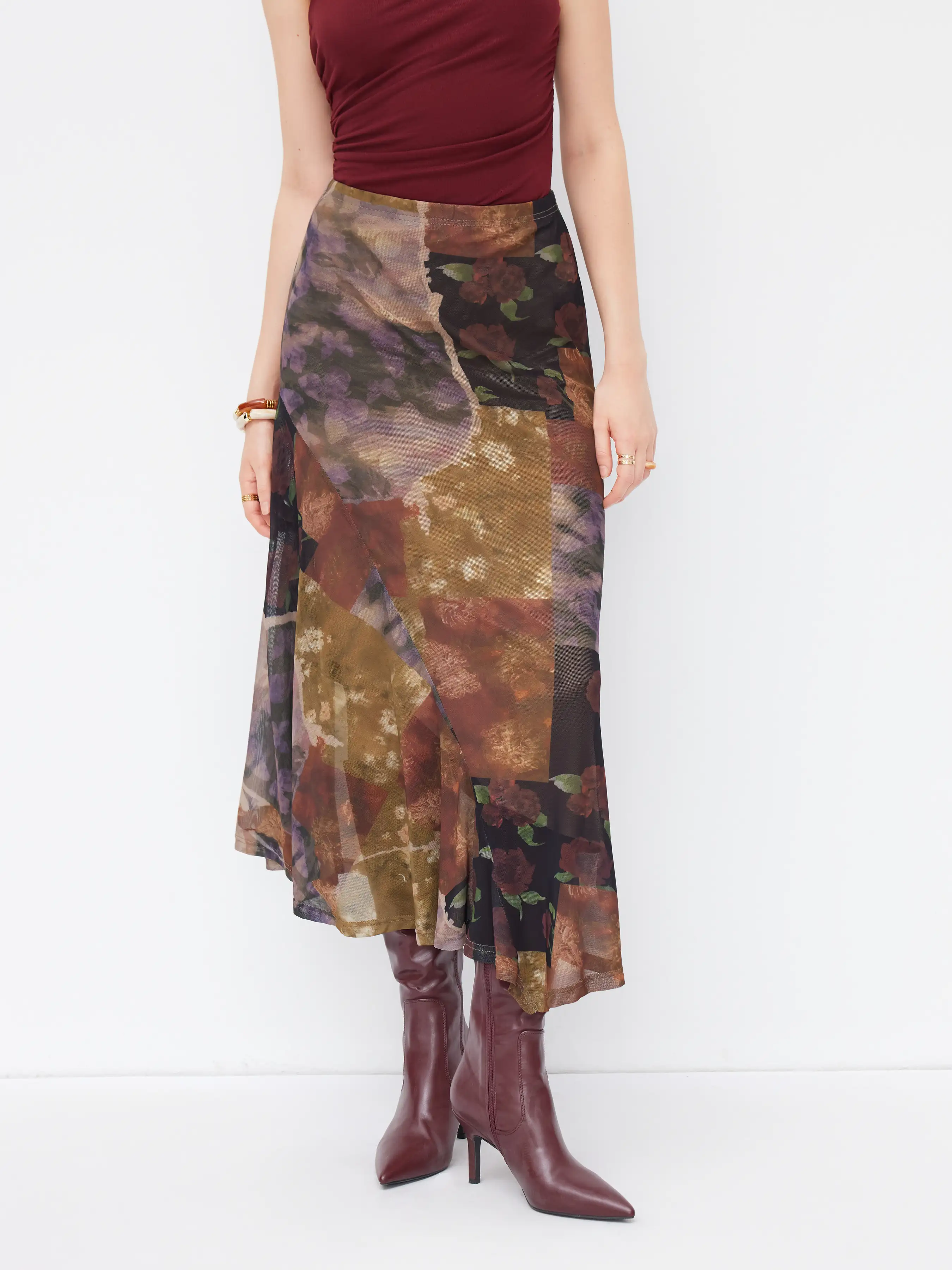 Mesh Mid Rise Abstract Graphic Floral Asymmetrical Hem Maxi Skirt