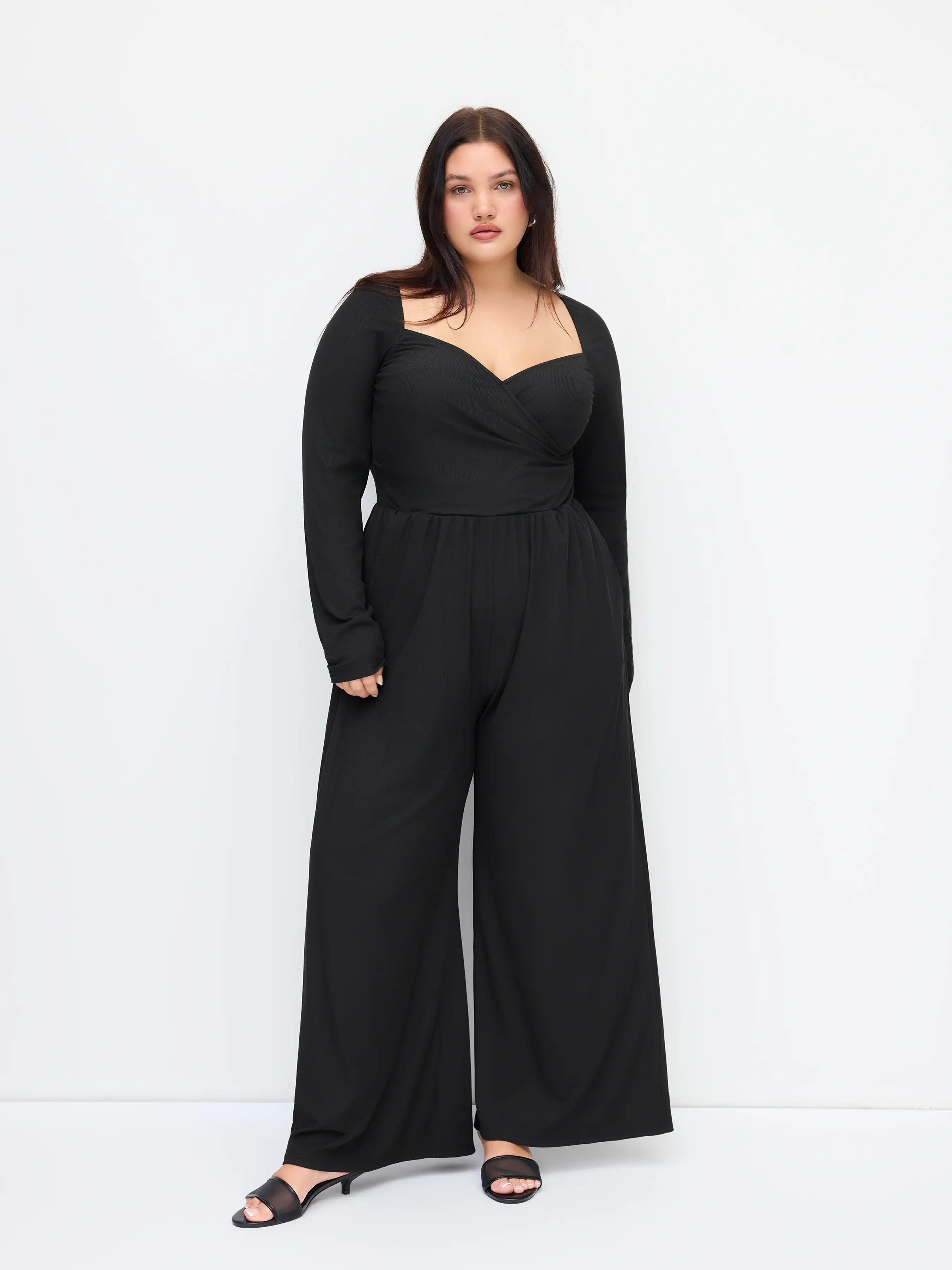 Sweetheart Ruched Long Sleeve Wide Leg Jumpsuit Curve & Plus