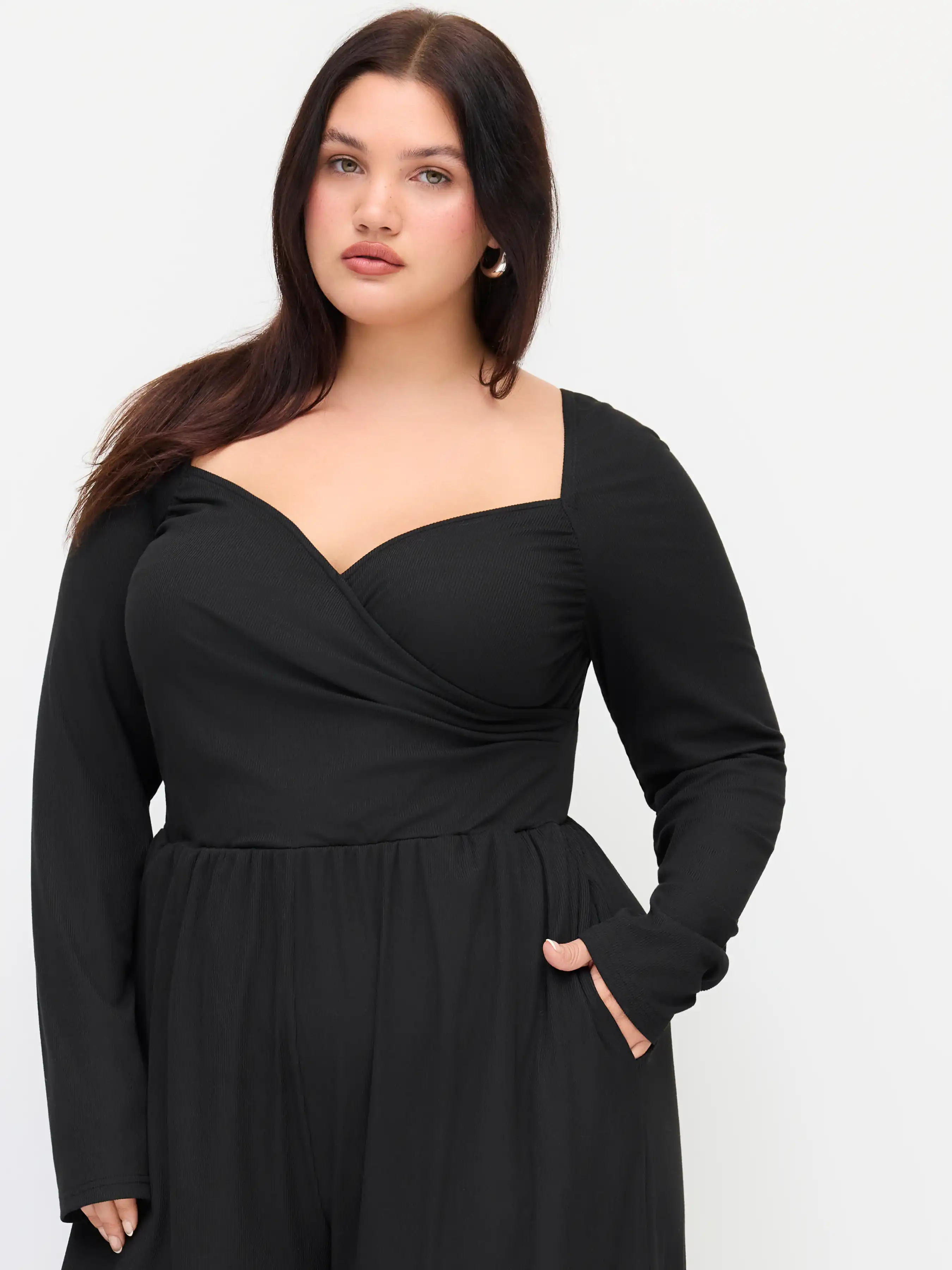 Sweetheart Ruched Long Sleeve Wide Leg Jumpsuit Curve & Plus