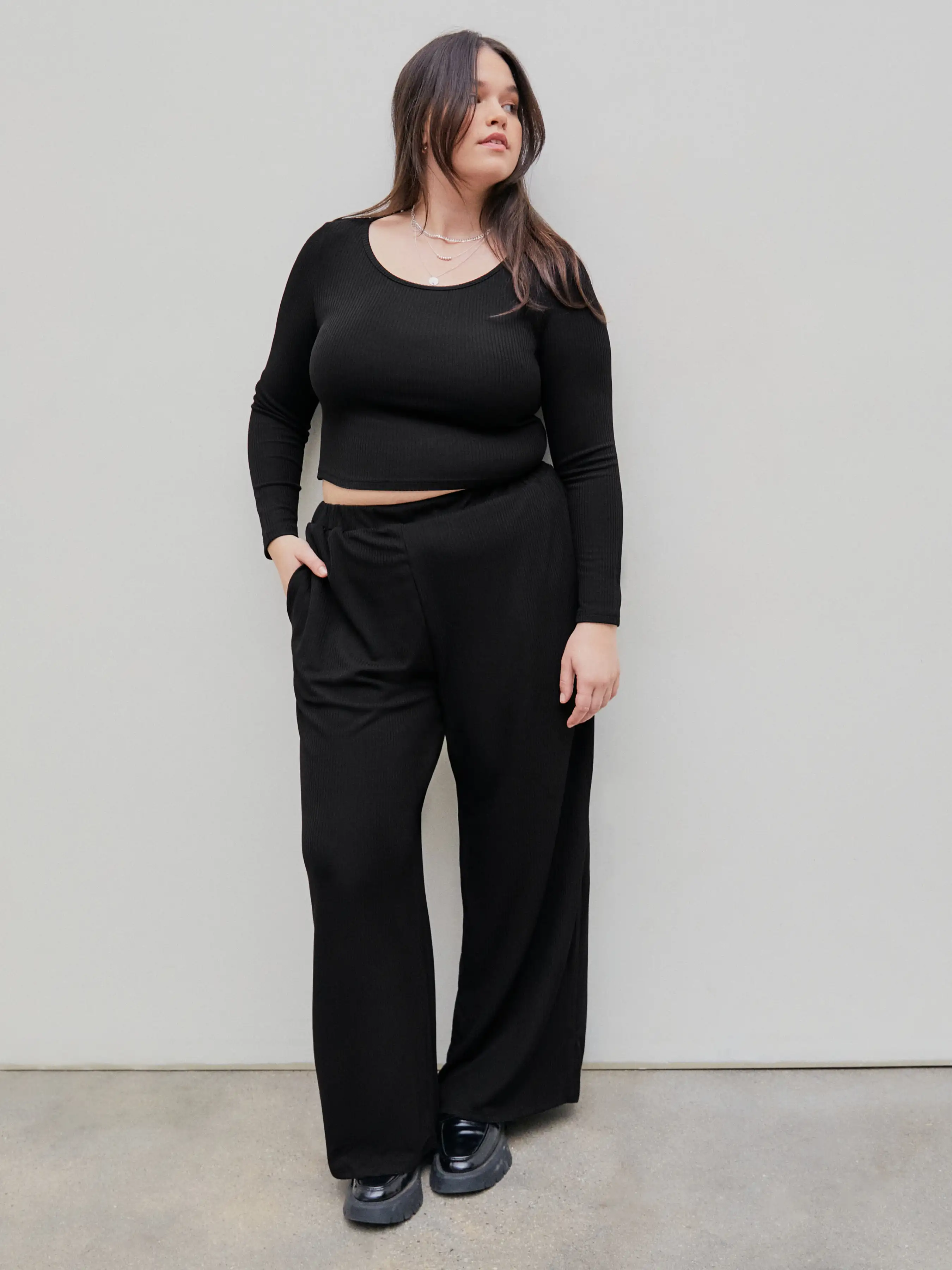 Pocket Knitted Crop Top & Wide Leg Trousers Set Curve & Plus