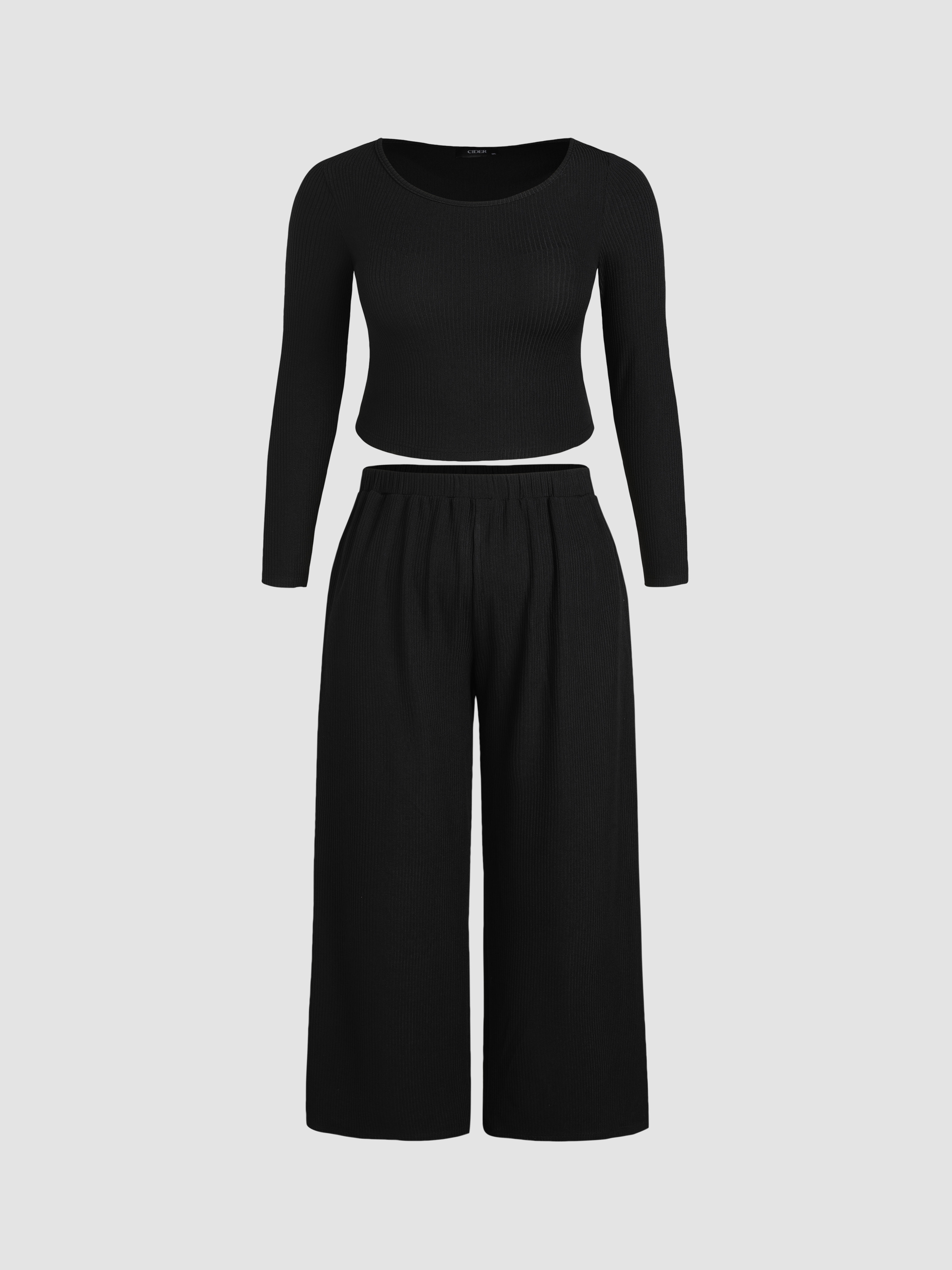Pocket Knitted Crop Top & Wide Leg Trousers Set Curve & Plus