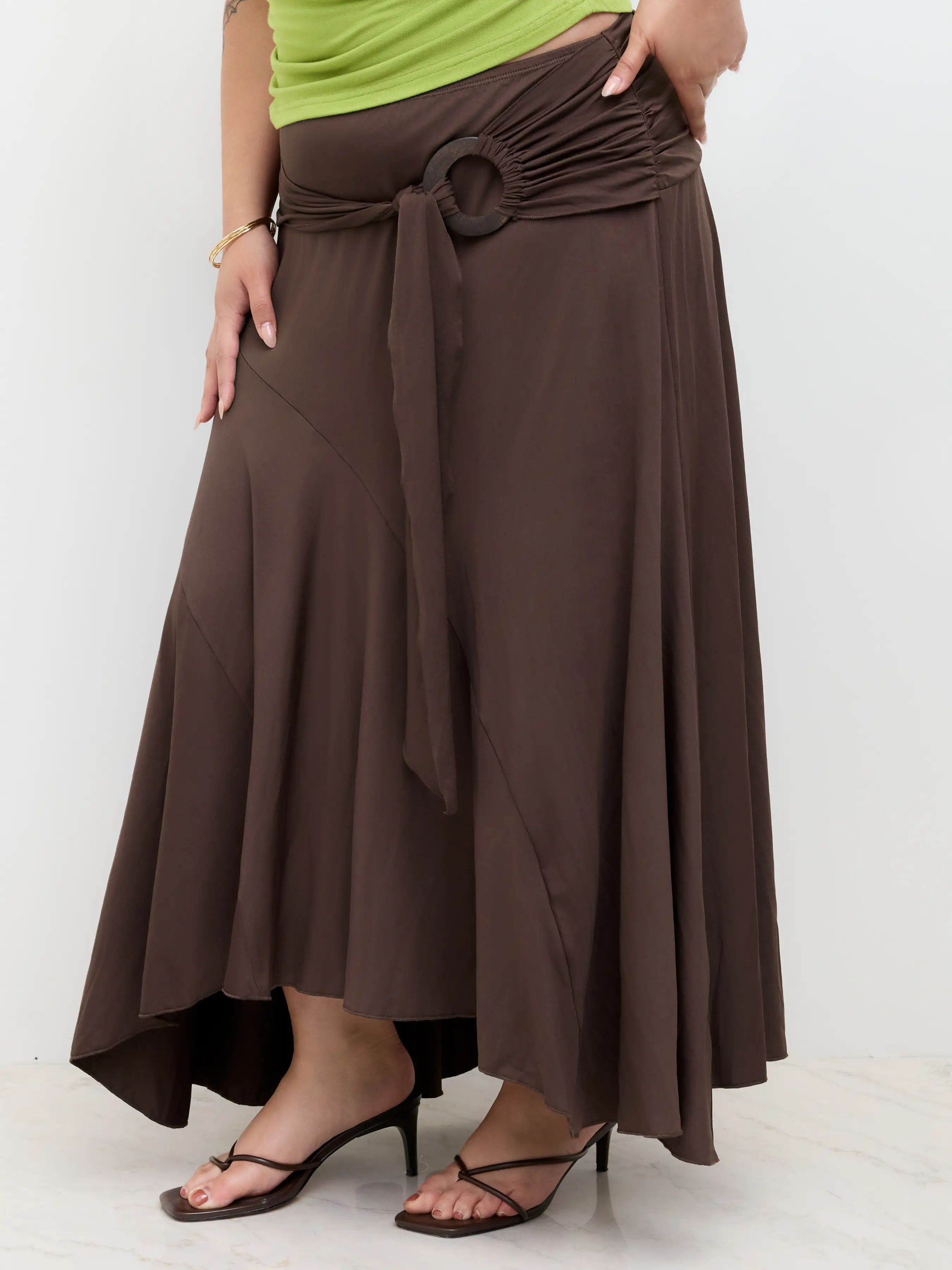 Mid Rise Ruffle Hem Ruched Maxi Skirt Curve & Plus