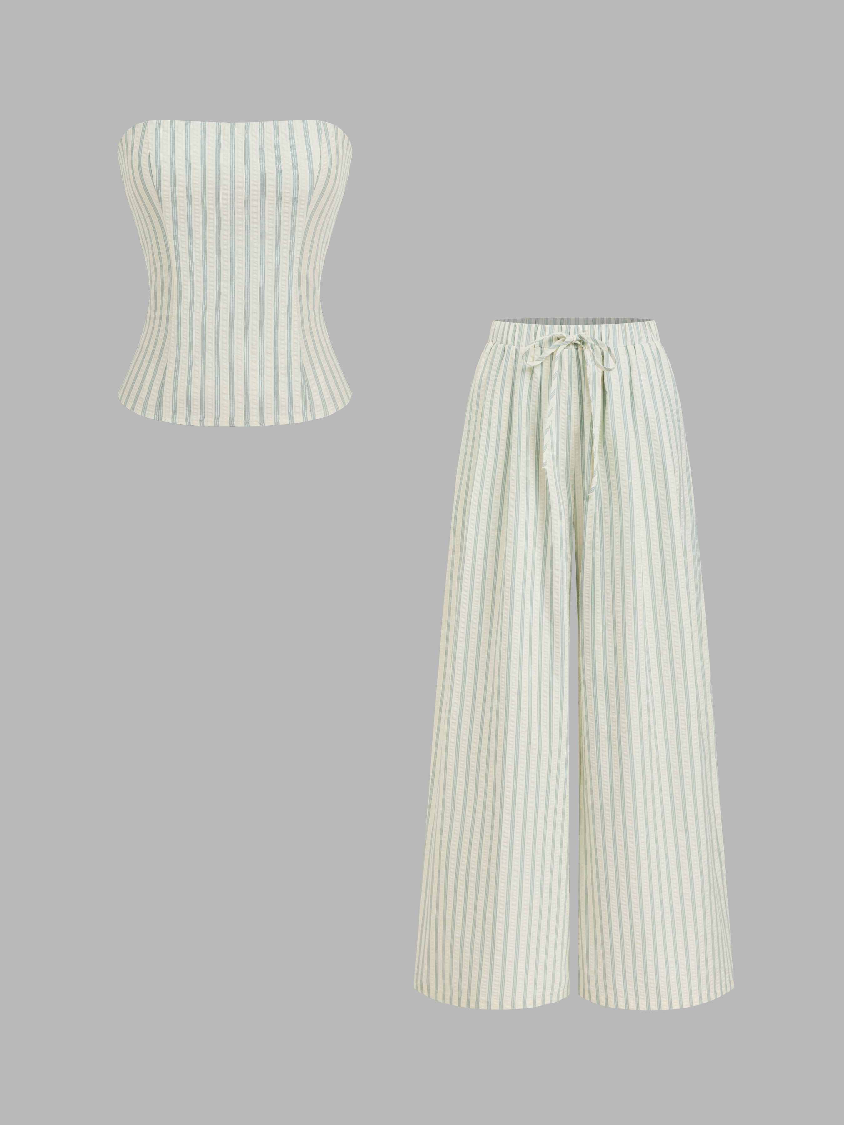 Cotton-blend Stripe Bandeau & Knotted Wide Leg Trousers Set