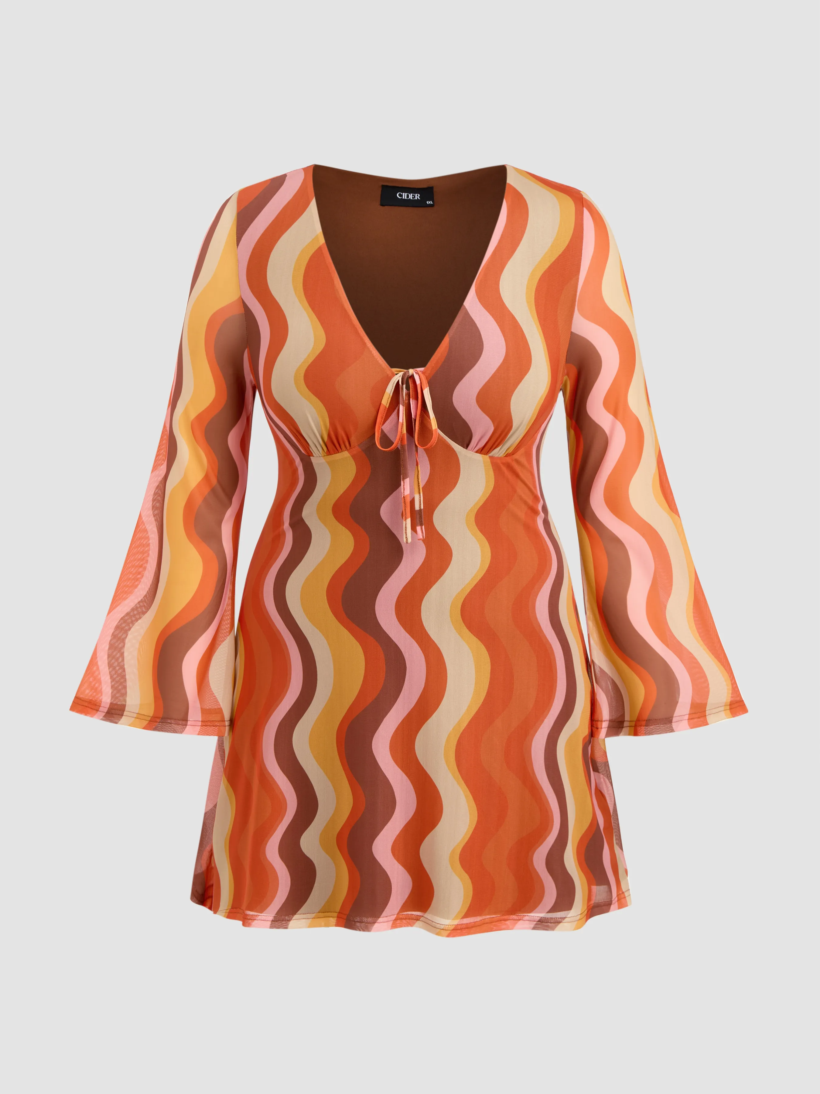 Mesh V-neck Abstract Wave Knotted Mini Dress Curve & Plus