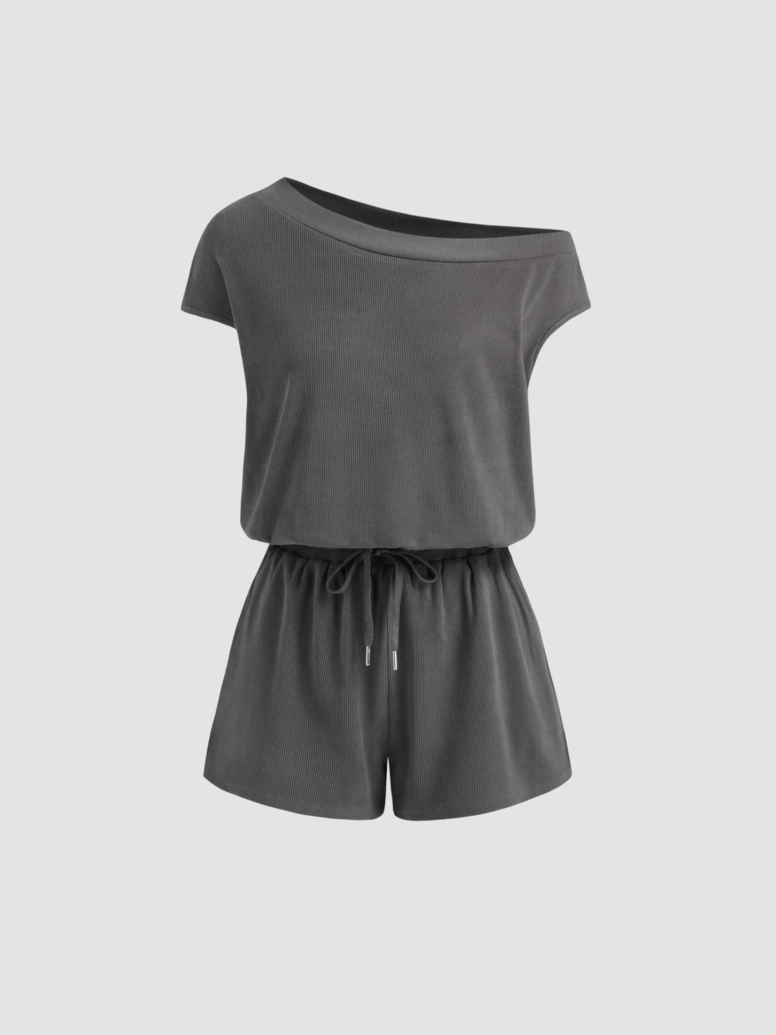 Asymmetrical Neck Drawstring Romper