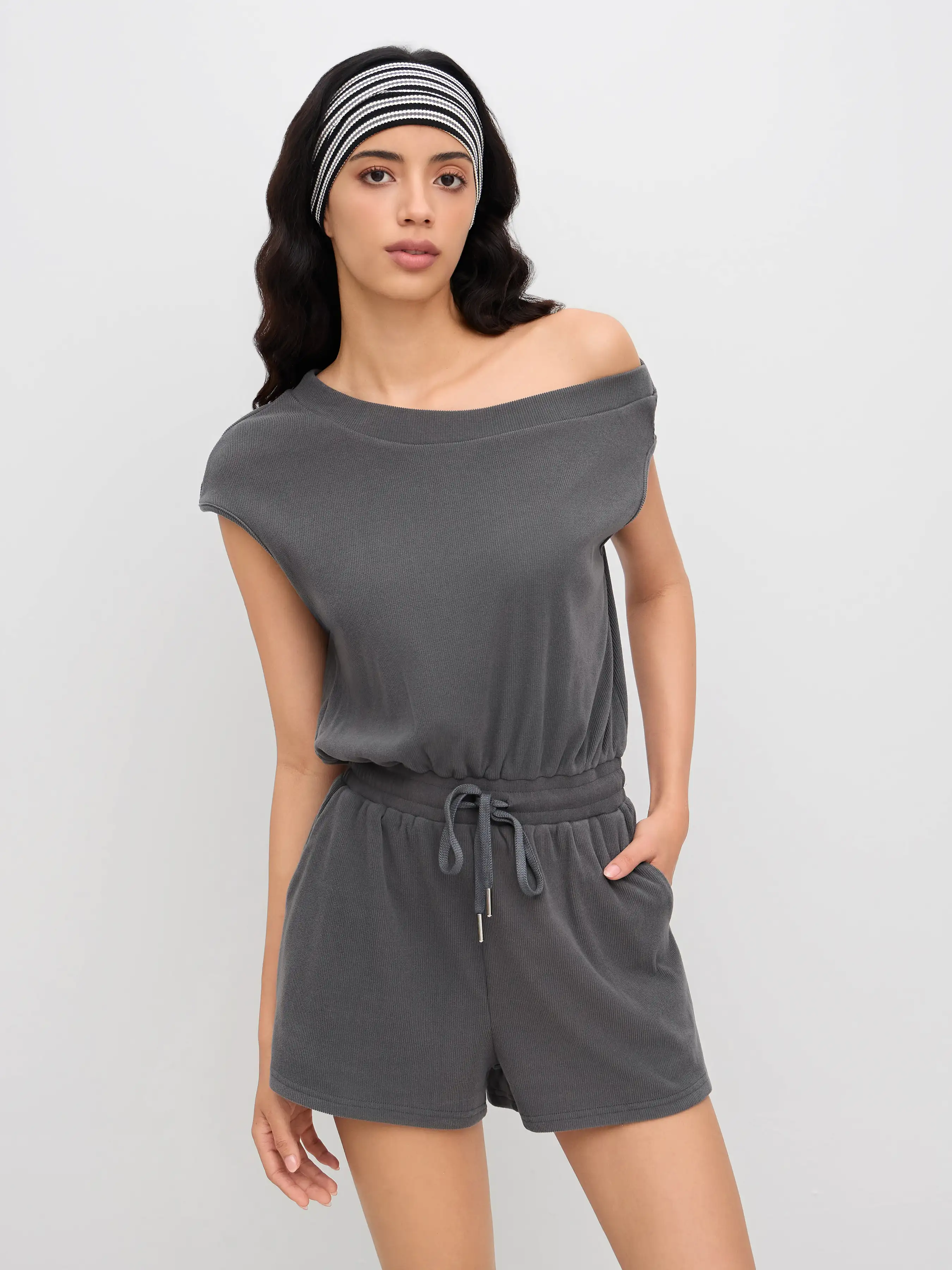Asymmetrical Neck Drawstring Romper