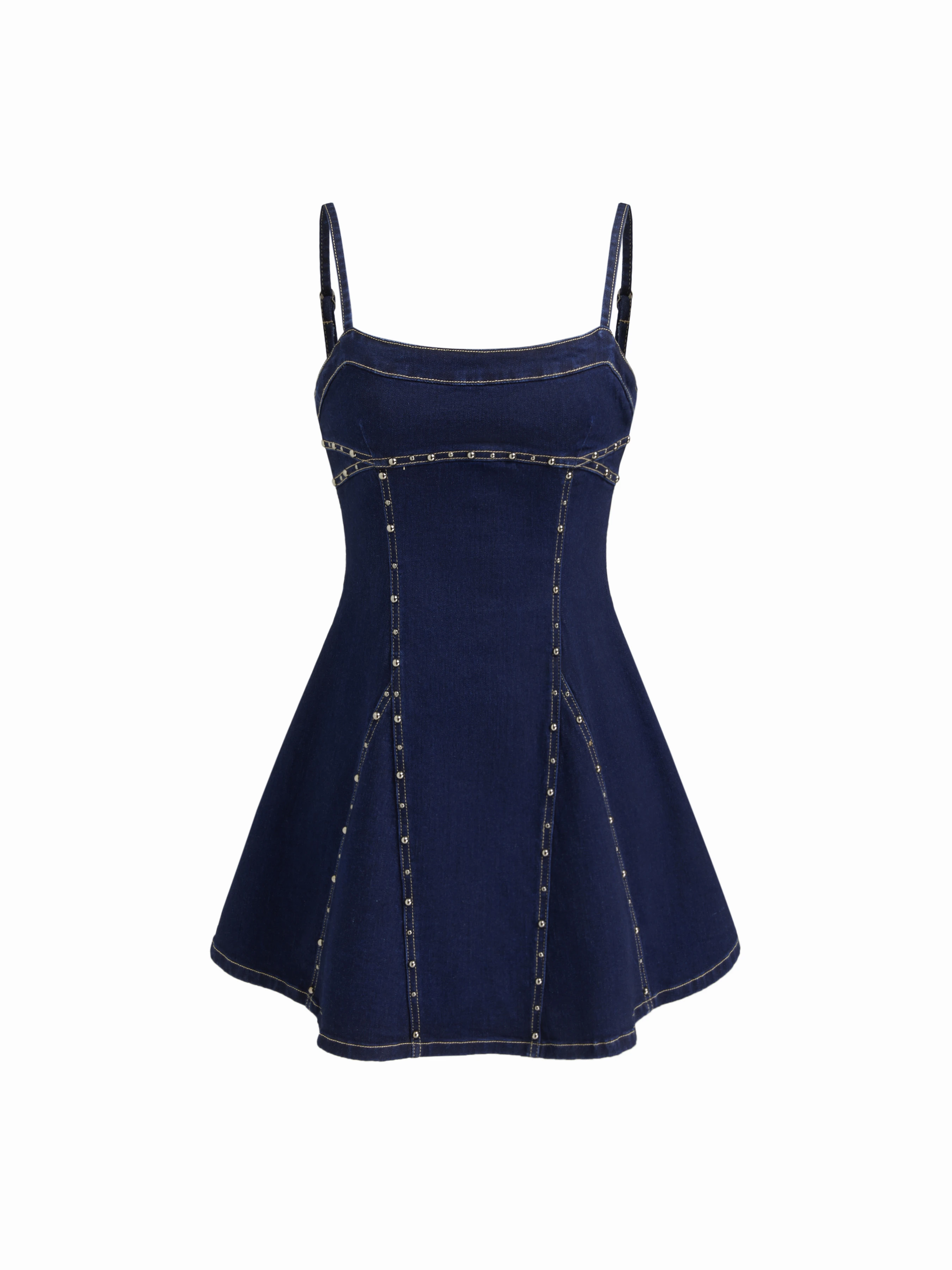High Stretch Denim Rivet Detail Zipper Mini Dress