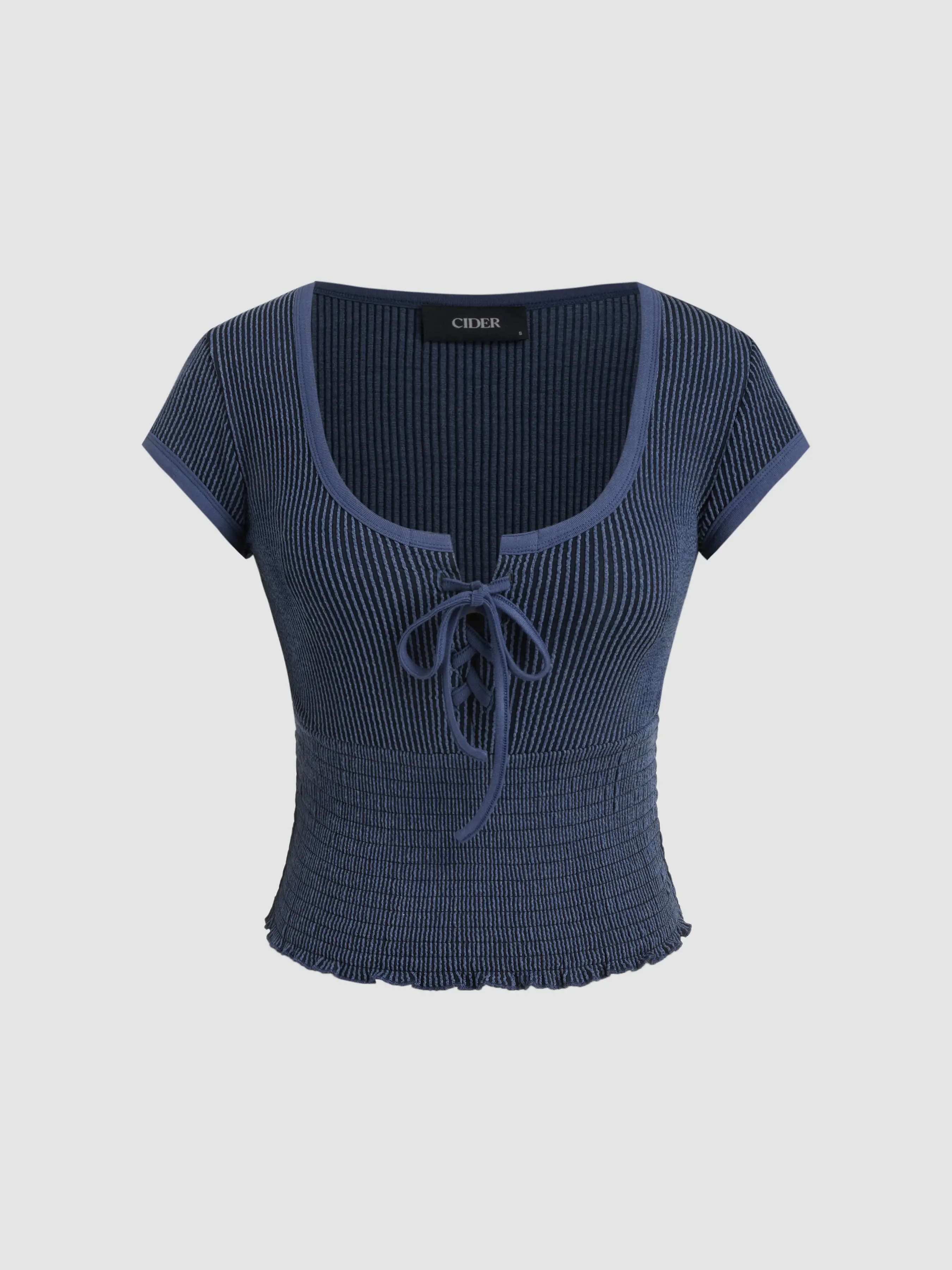 U-neckline Lace Up Shirred Tee