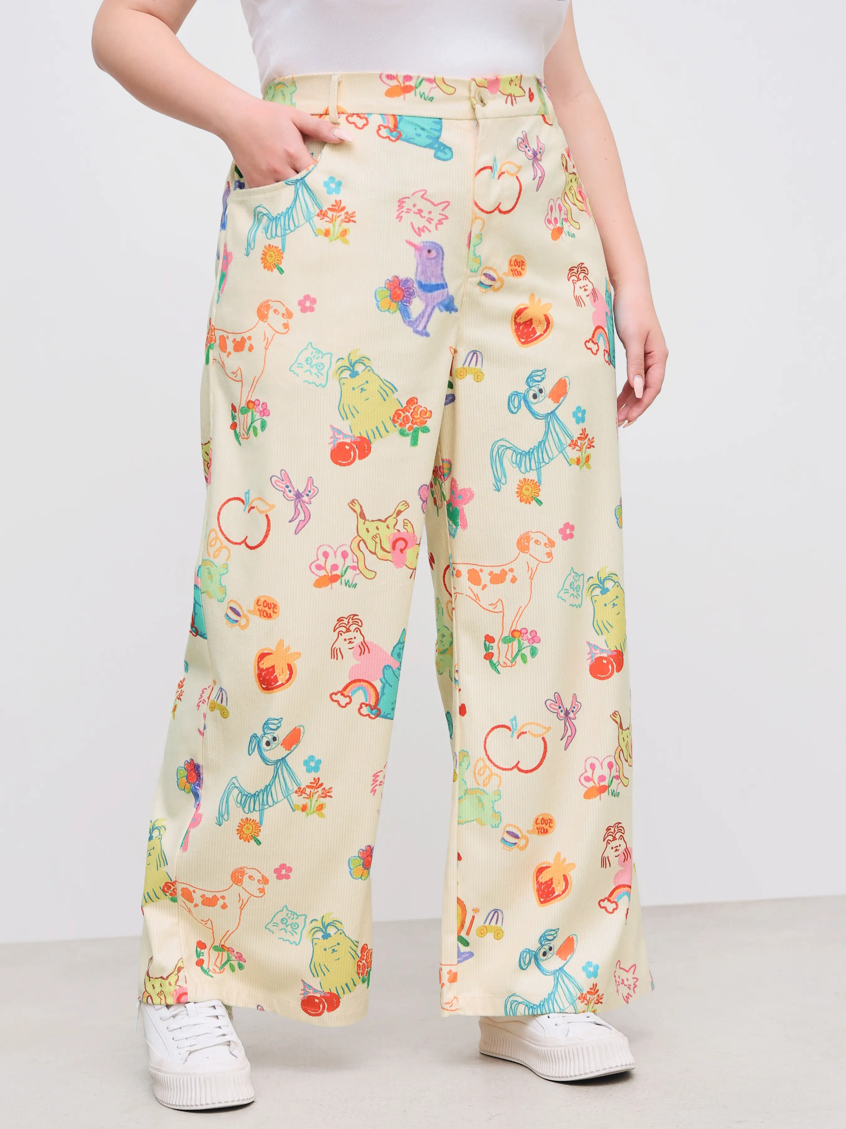 Corduroy Mid Rise Animal & Fruit Graphic Pocket Wide Leg Trousers Curve & Plus