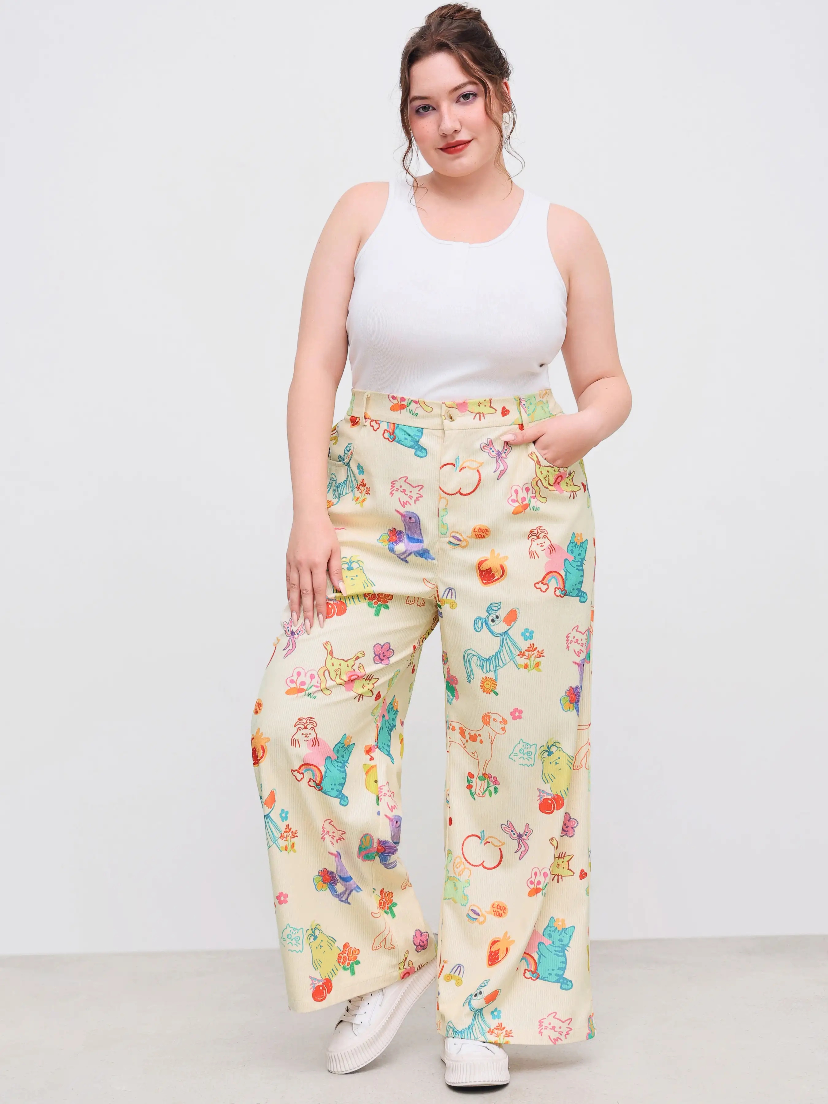Corduroy Mid Rise Animal & Fruit Graphic Pocket Wide Leg Trousers Curve & Plus