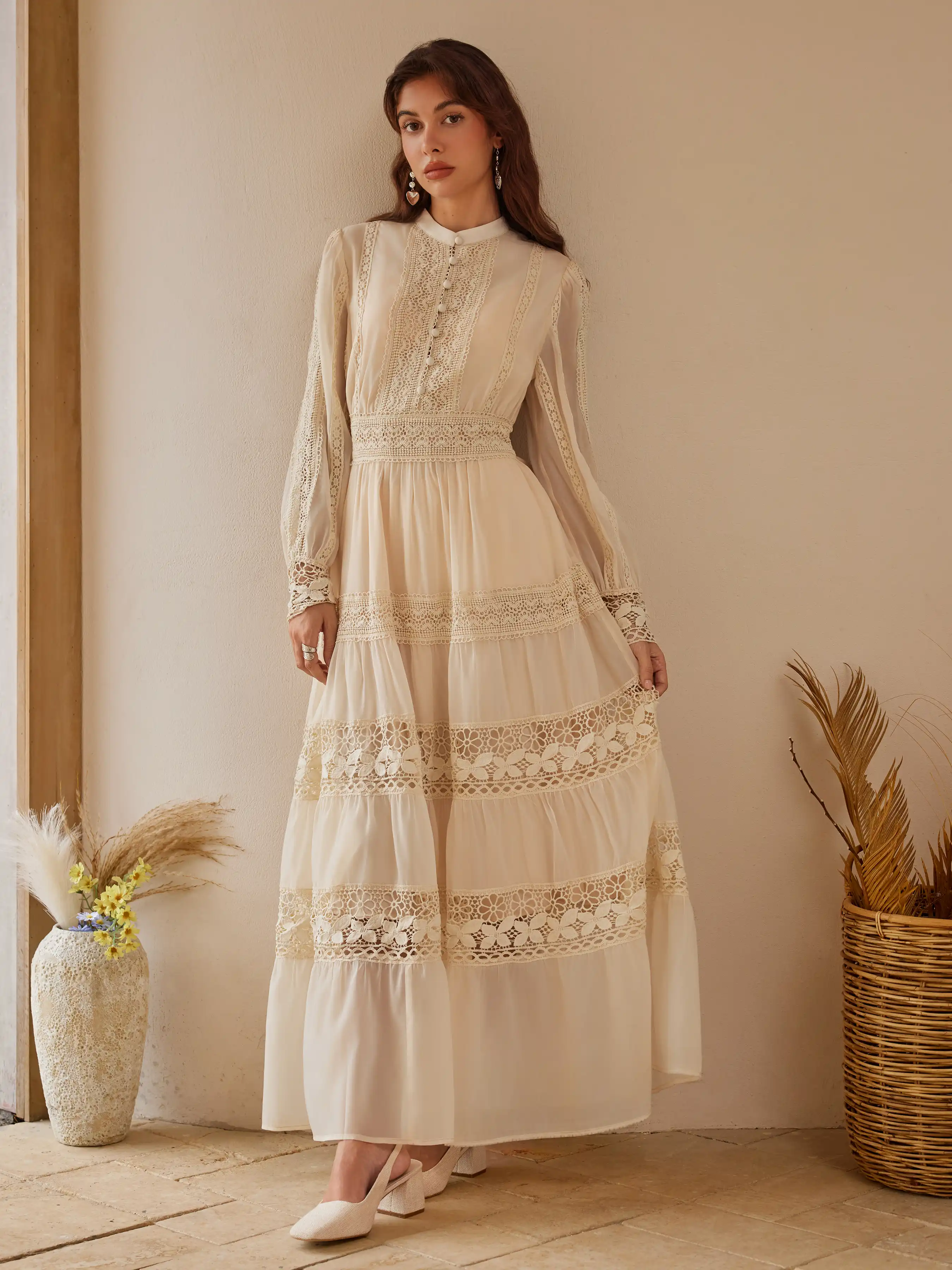 Stand Collar Embroidery Hollow Out Tie Back Knotted Lantern Sleeve Maxi Dress