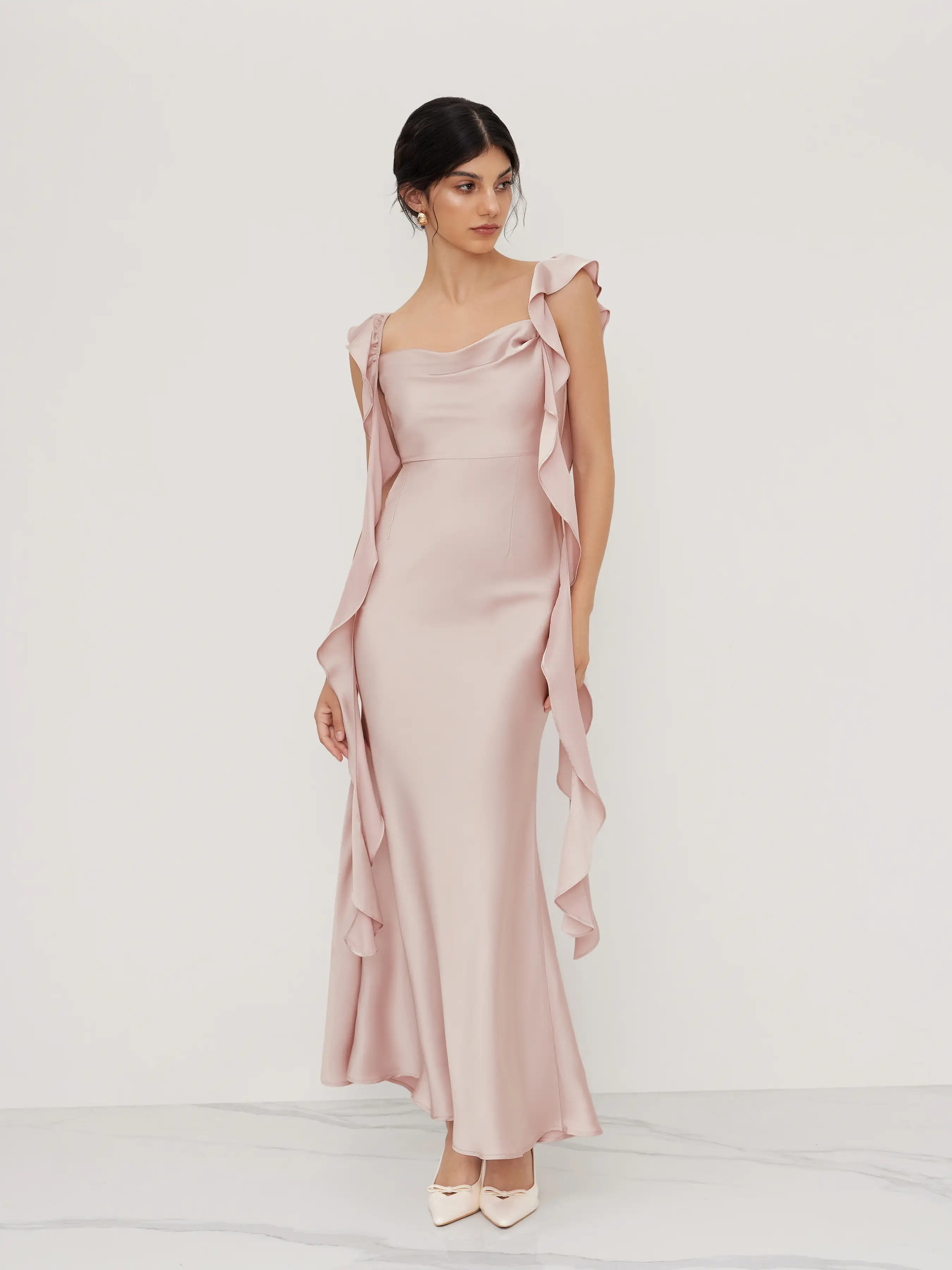 Satin Cowl Neck Solid Ruffle Hem Maxi Dress