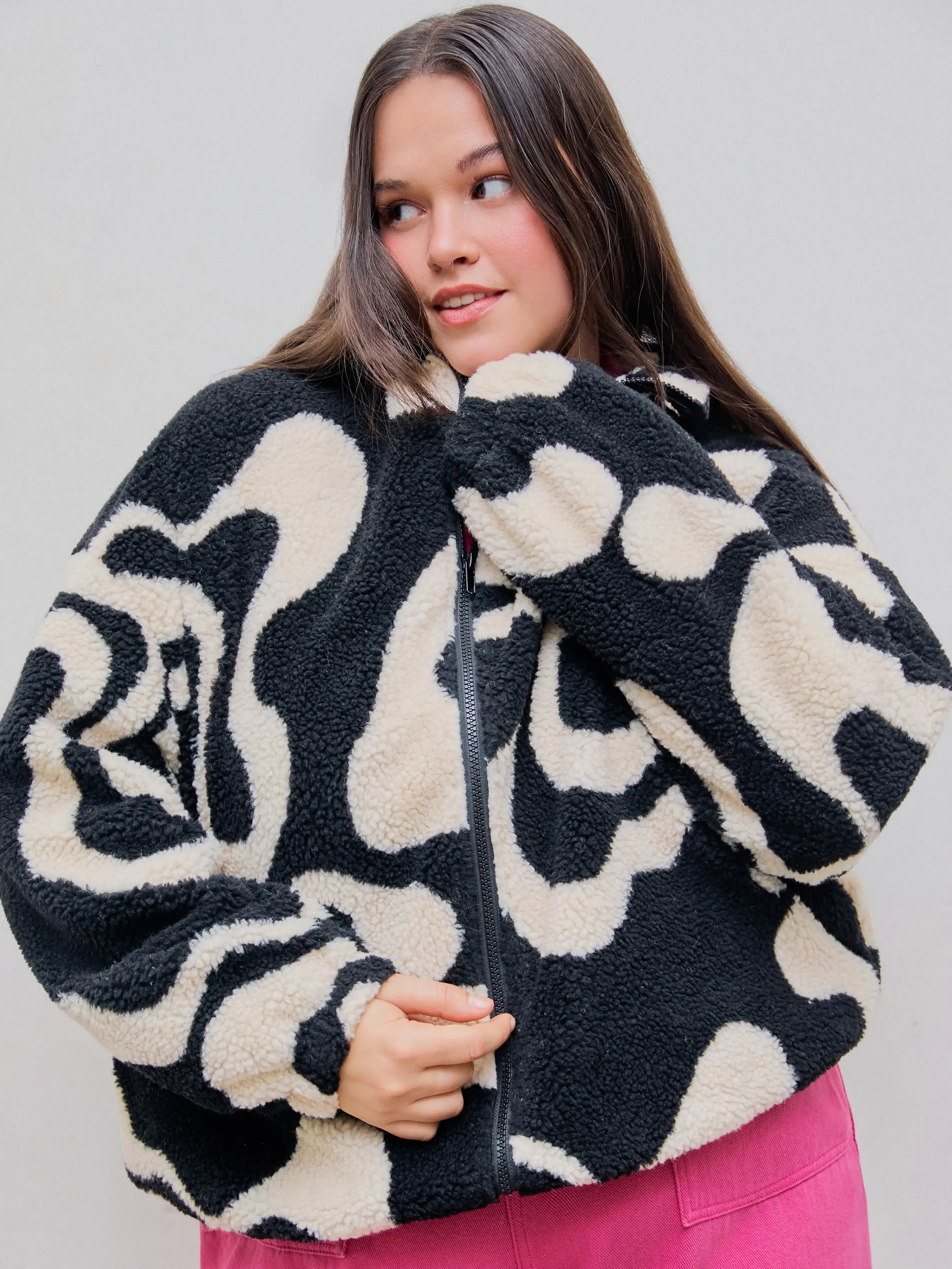 Oversized Printed Fleece Zip Up Jacket Curve & Plus