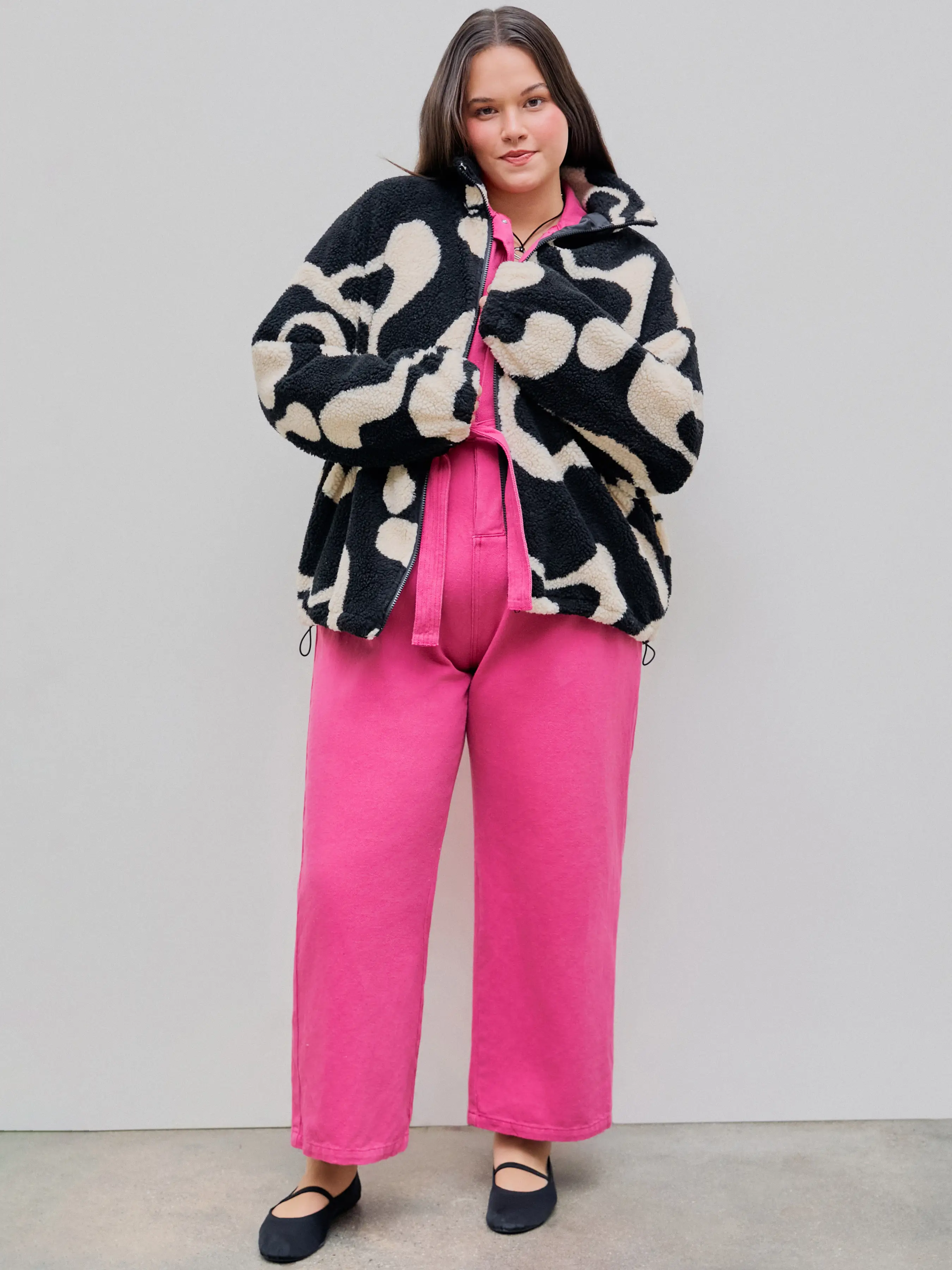 Oversized Printed Fleece Zip Up Jacket Curve & Plus