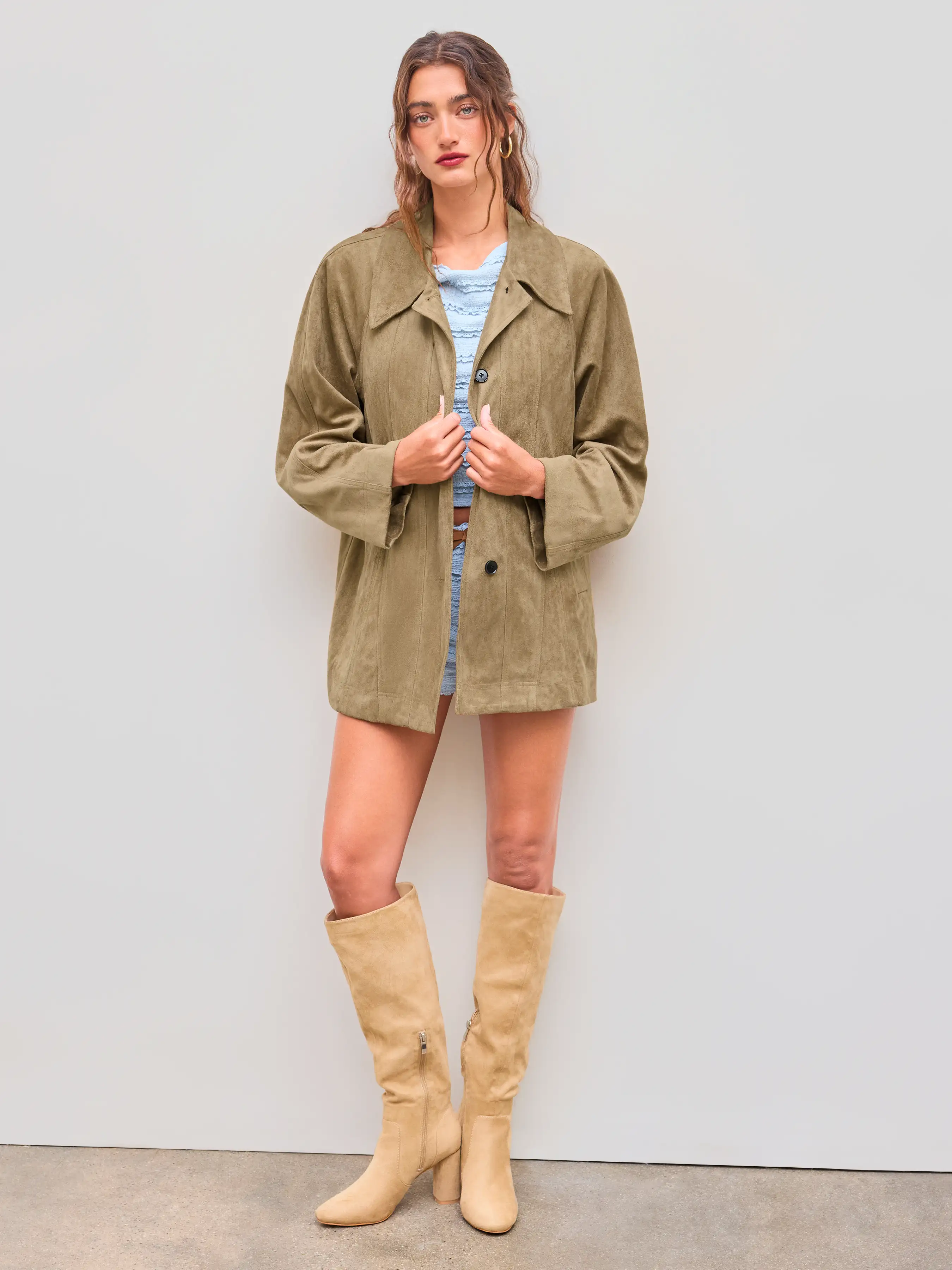 Suede Collar Solid Button Pocket Oversized Jacket