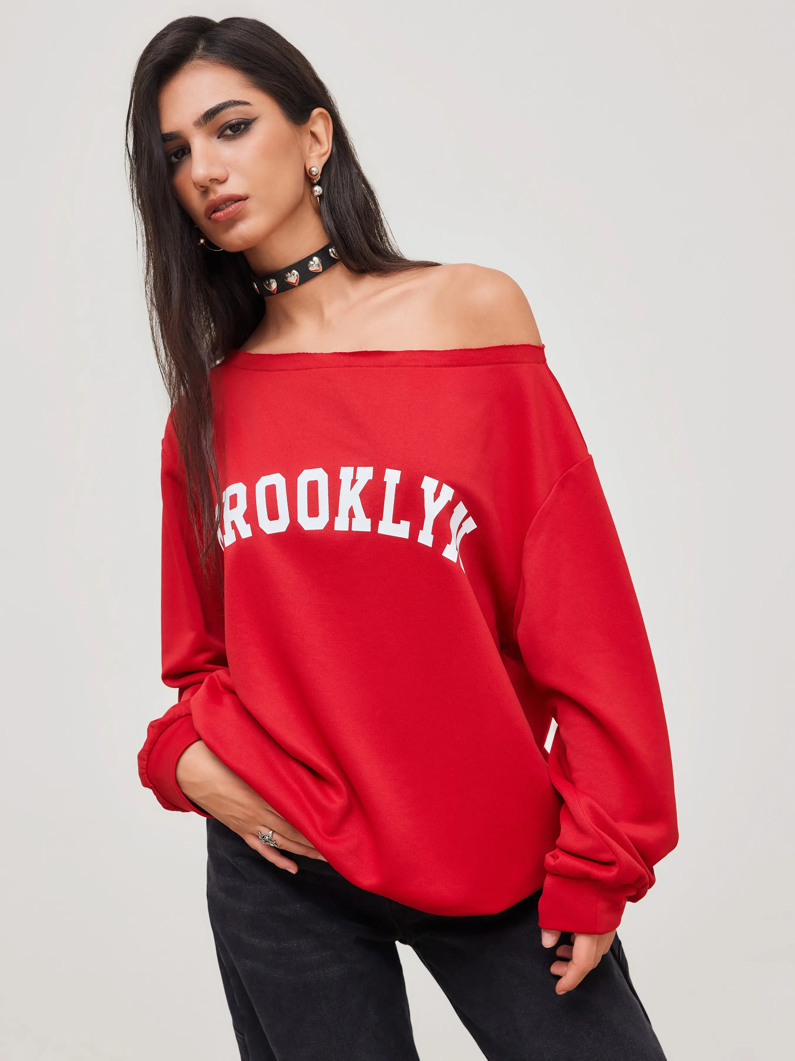 Brooklyn Terry Asymmetrical Neck Graphic Oversized Sweatshirt