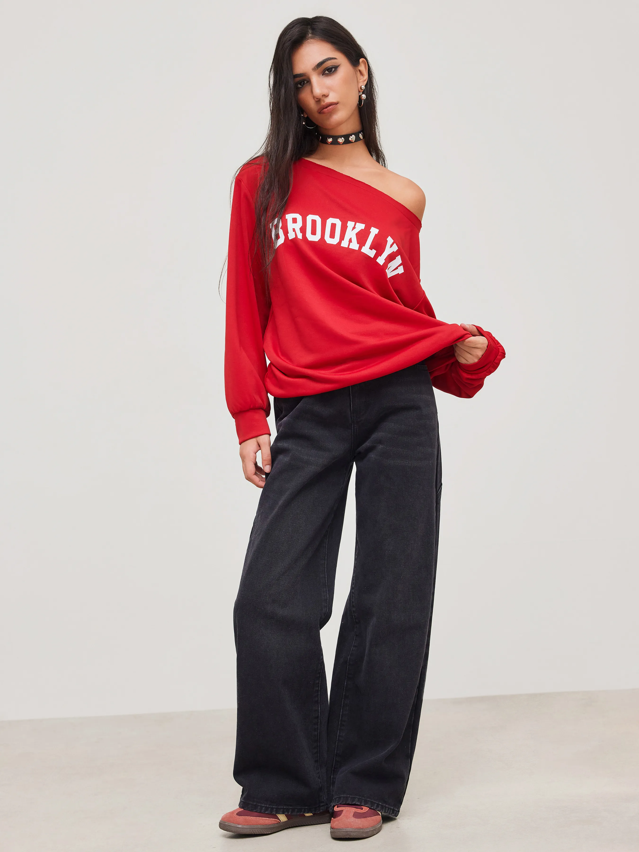 Brooklyn Terry Asymmetrical Neck Graphic Oversized Sweatshirt