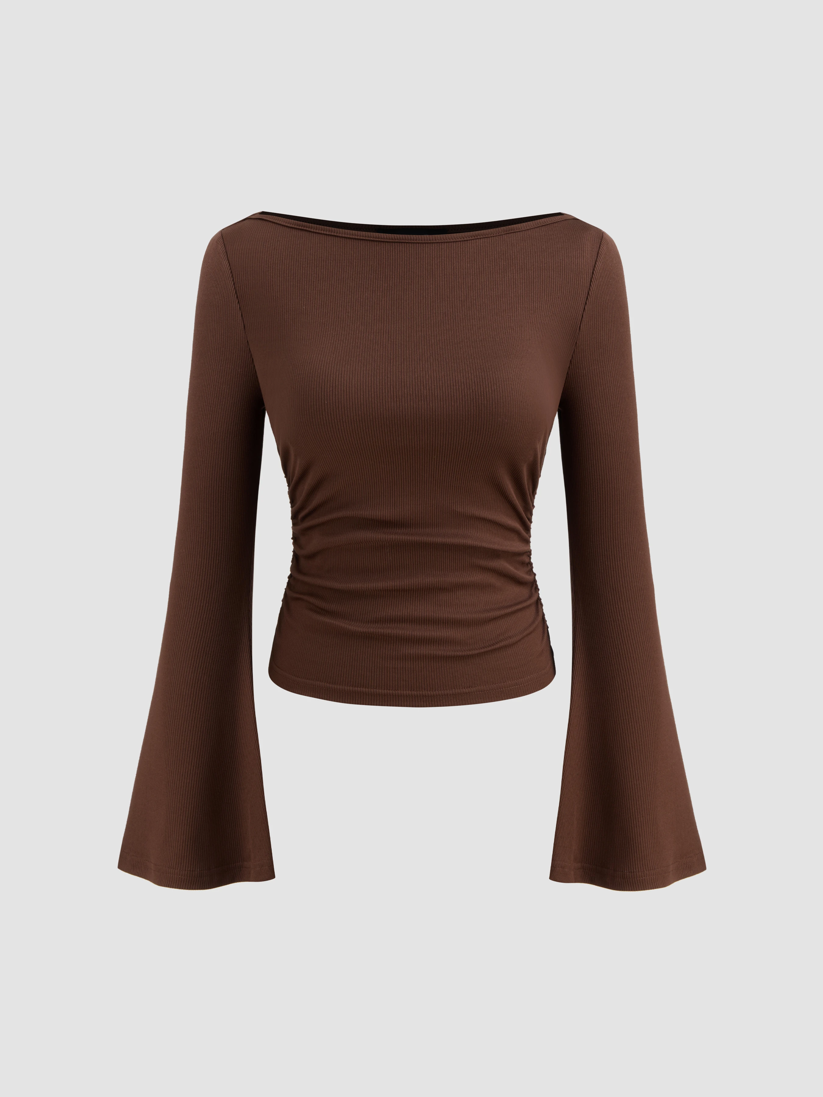 Boat Neck Solid Ruched Long Sleeve Tee