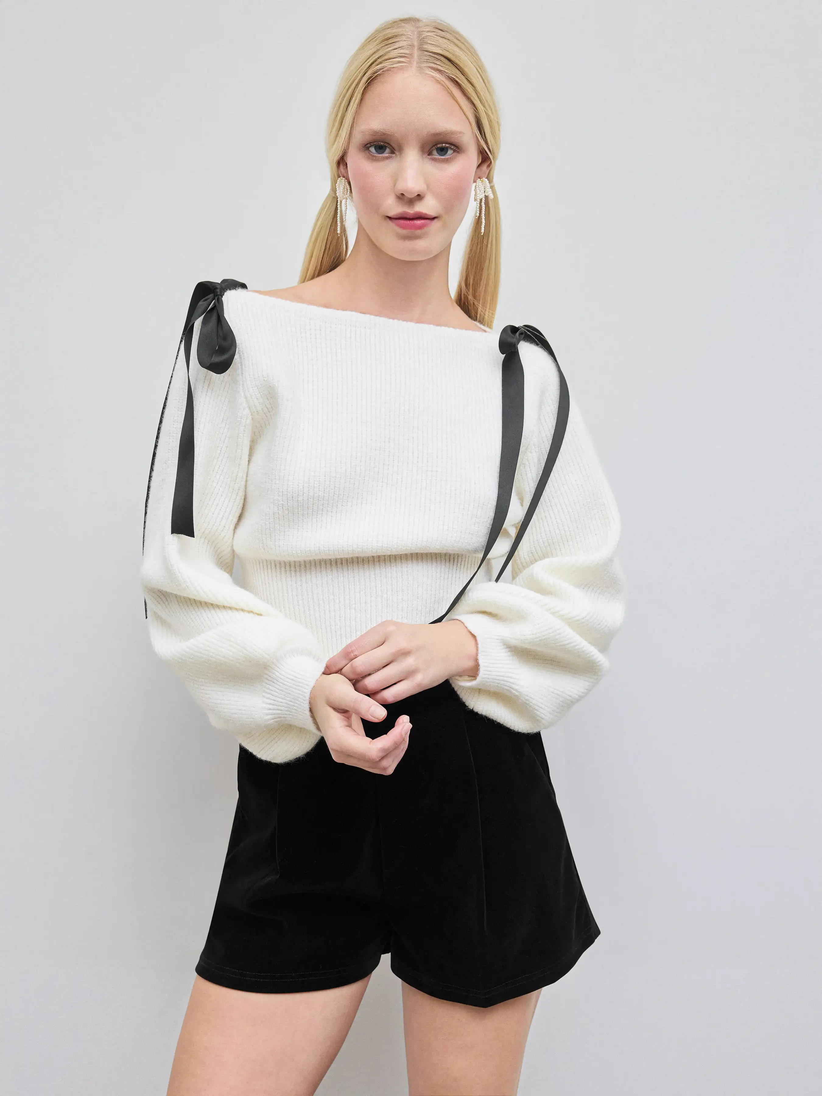 Knit Boat Neck Bowknot Crop Oversized Sweater