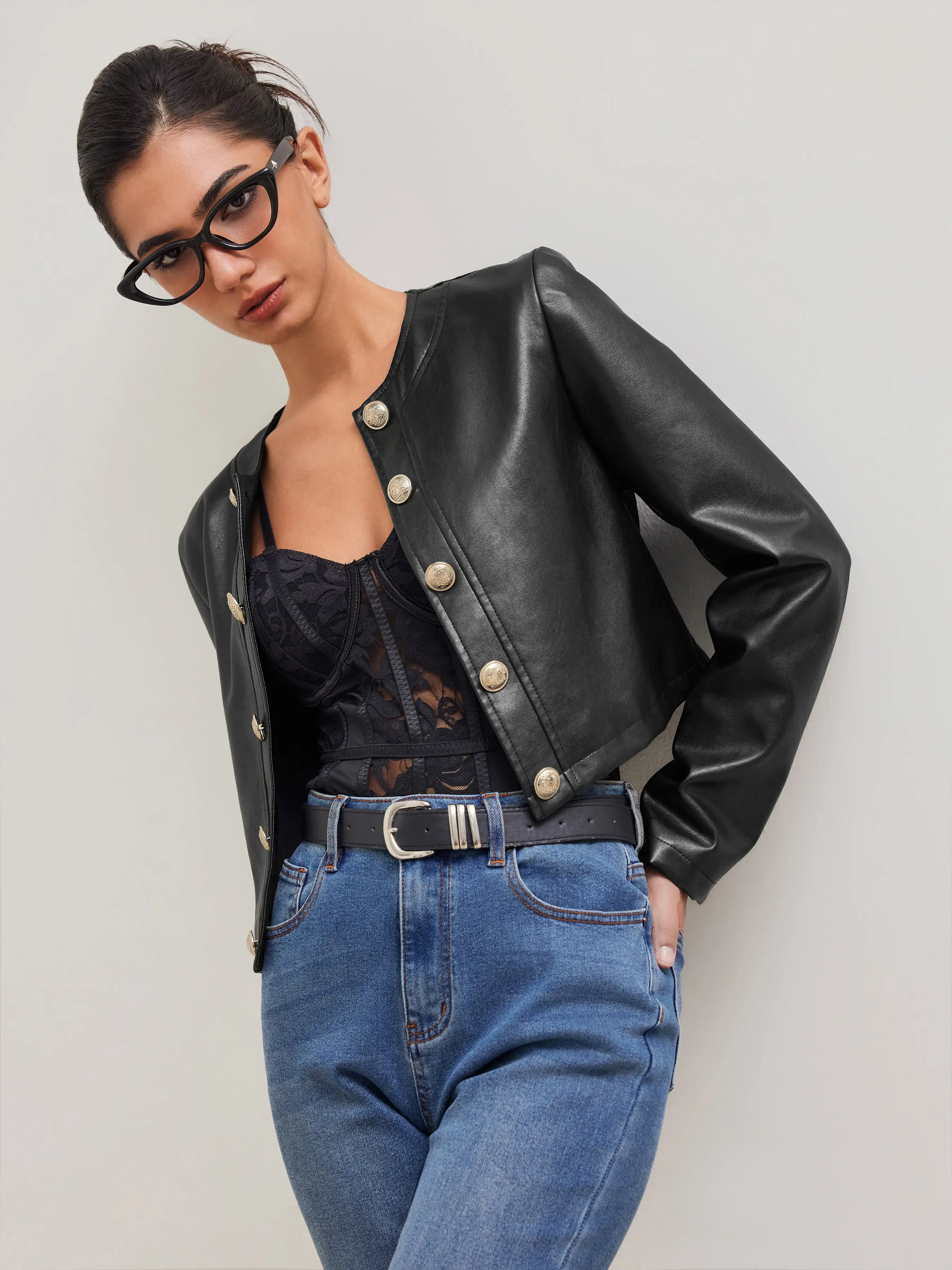 Faux Leather Round Neckline Solid Button Long Sleeve Jacket