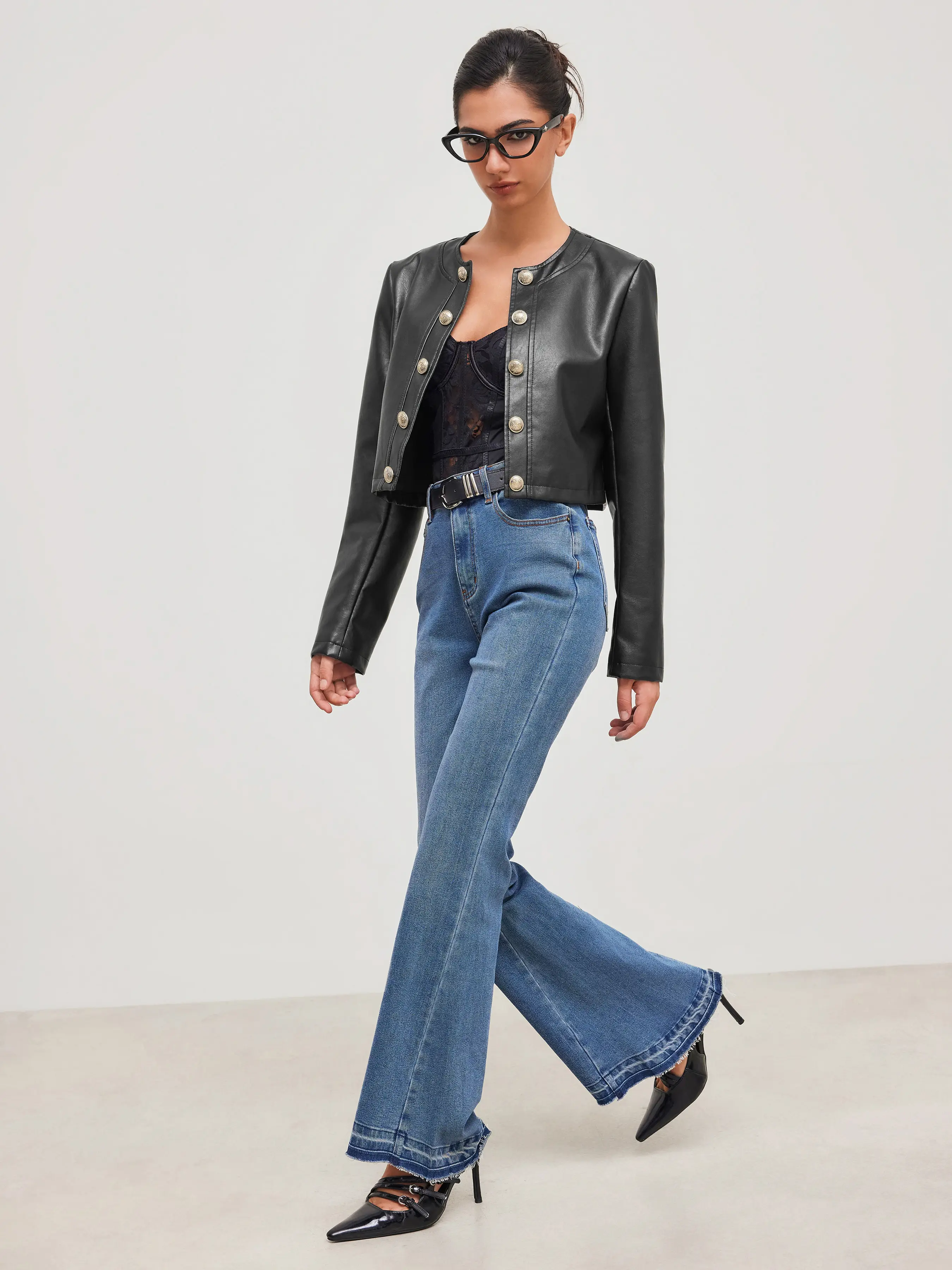 Faux Leather Round Neckline Solid Button Long Sleeve Jacket