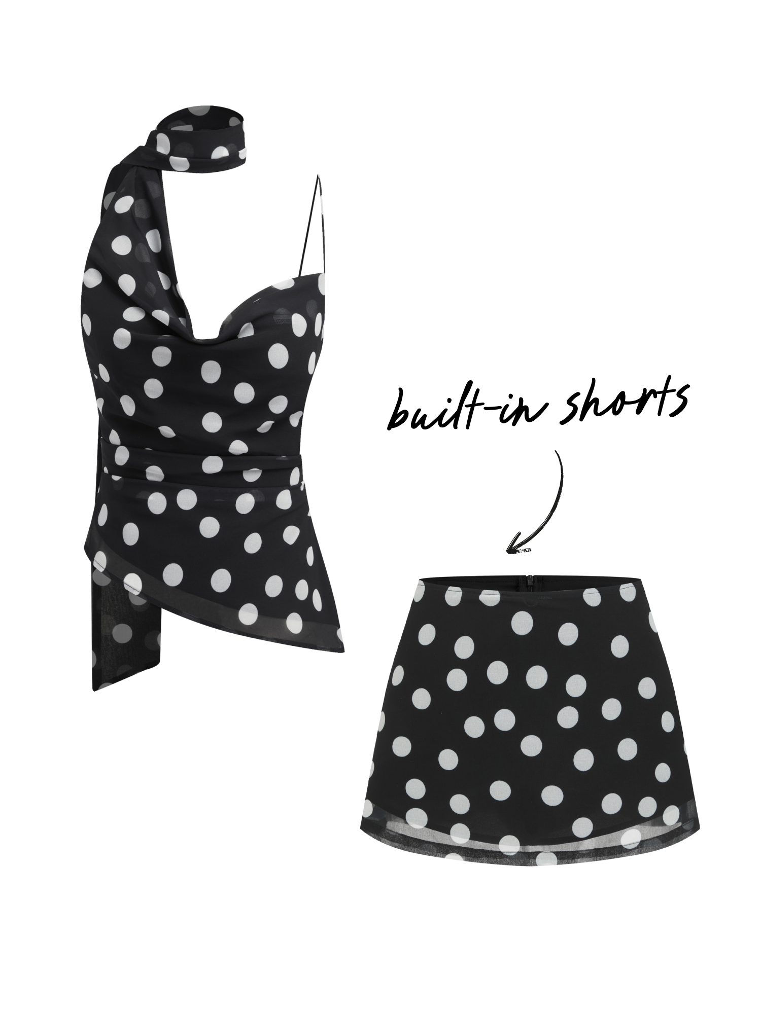 Cowl Neck Ruched Polka Dot Cami Top With Scarf & Mid Rise Mini Skort Set