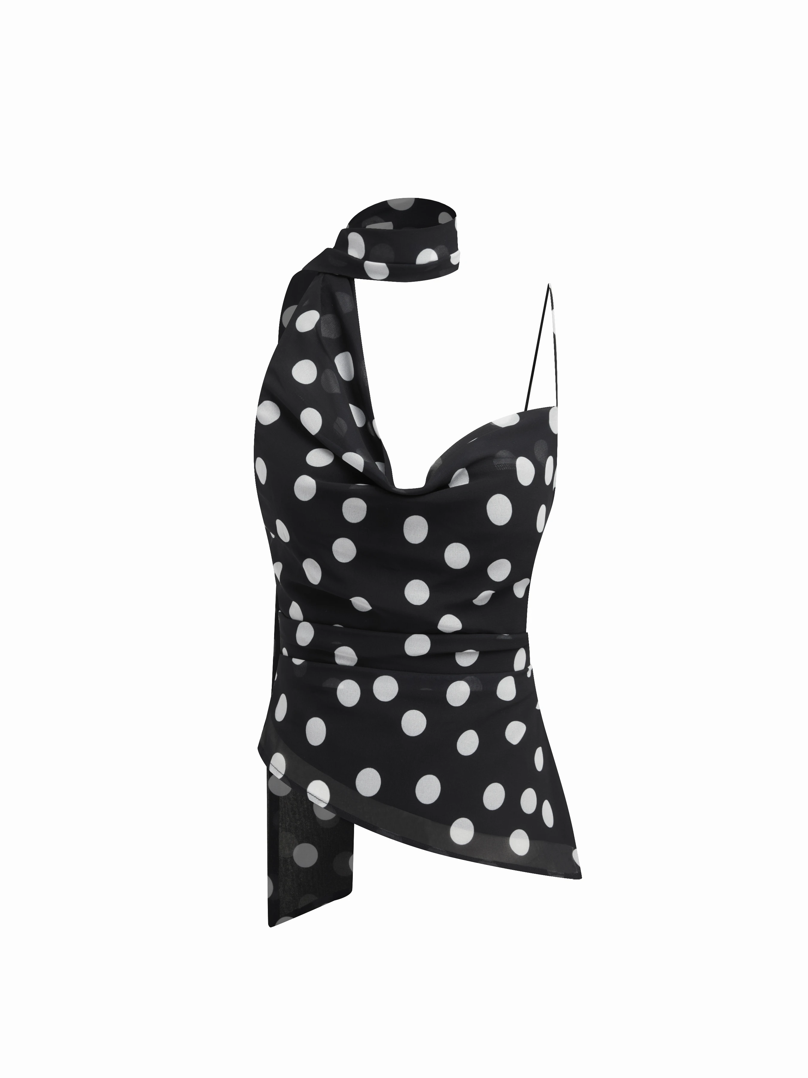 Cowl Neck Ruched Polka Dot Cami Top With Scarf & Mid Rise Mini Skort Set