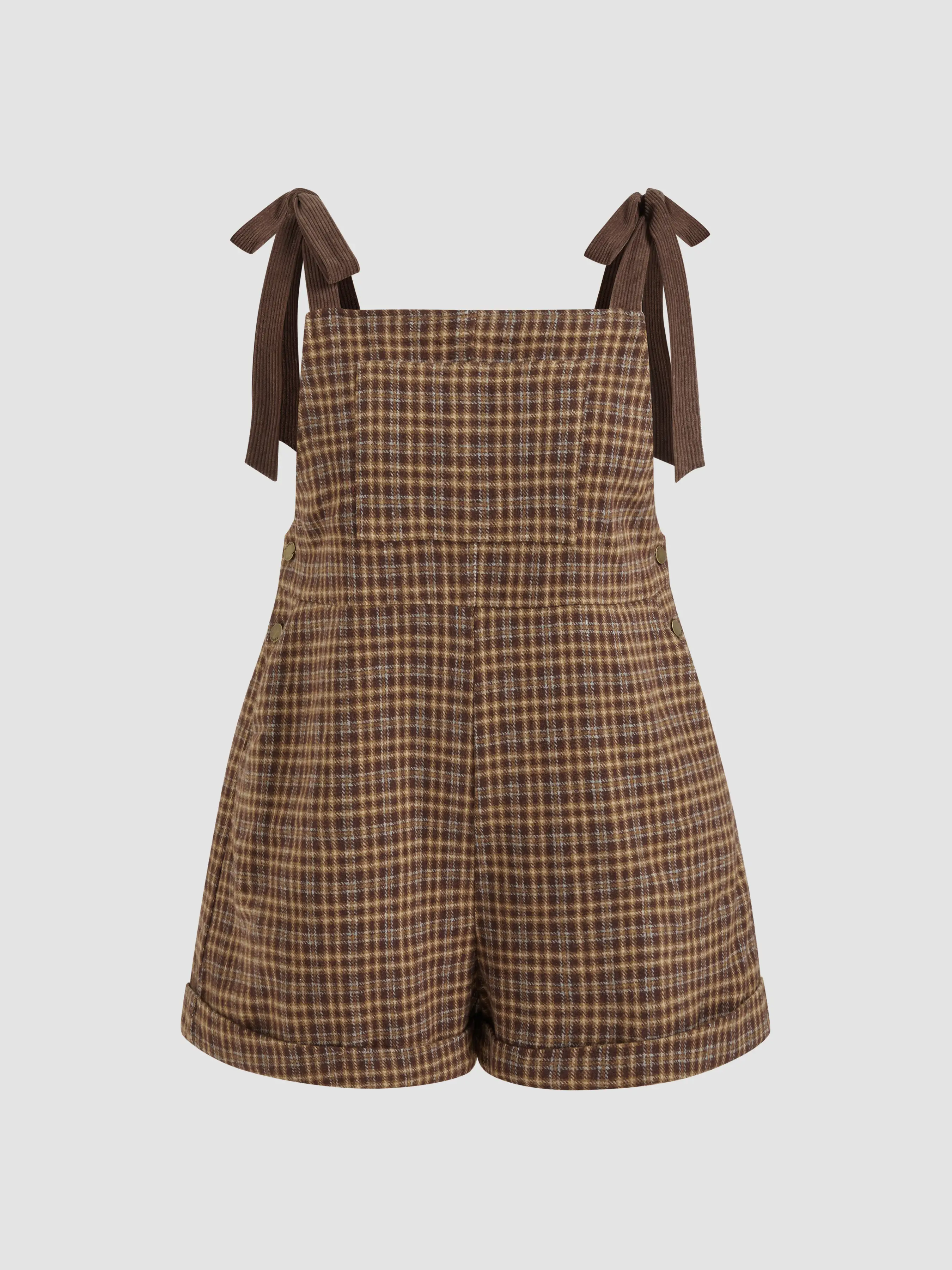 Square Neck Check Pocket Knotted Romper Curve & Plus