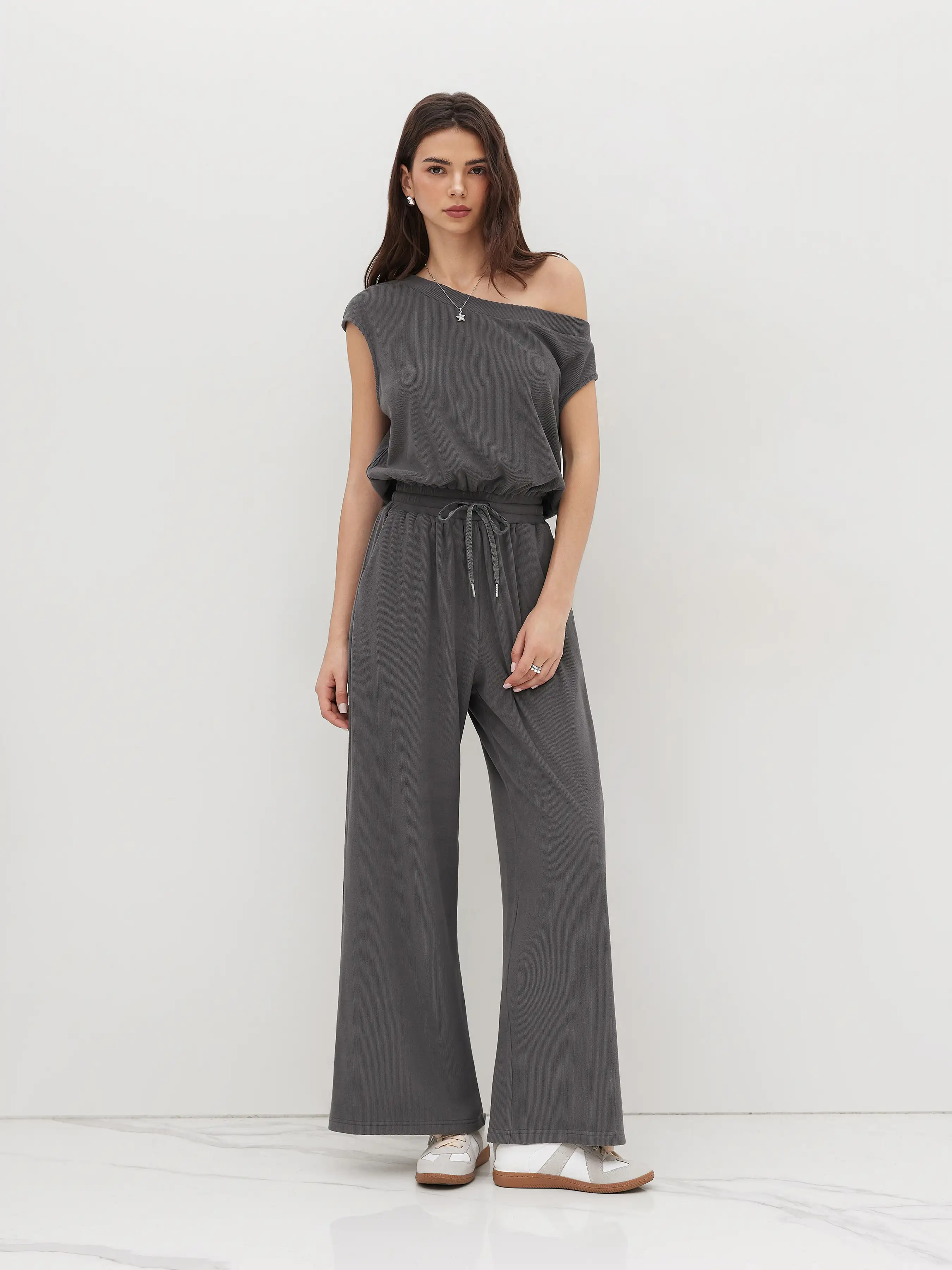 Asymmetrical Neck Drawstring Jumpsuit