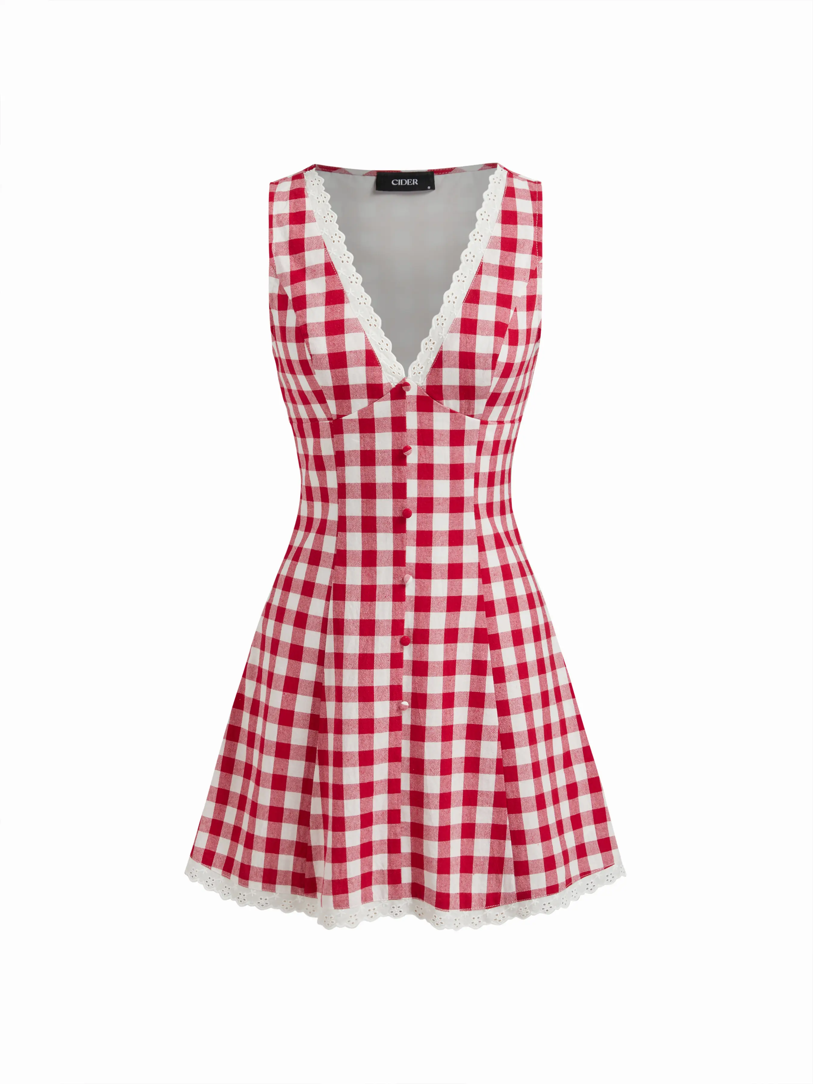 Cotton Gingham V-neck Broderie Anglaise Trim Mini Dress