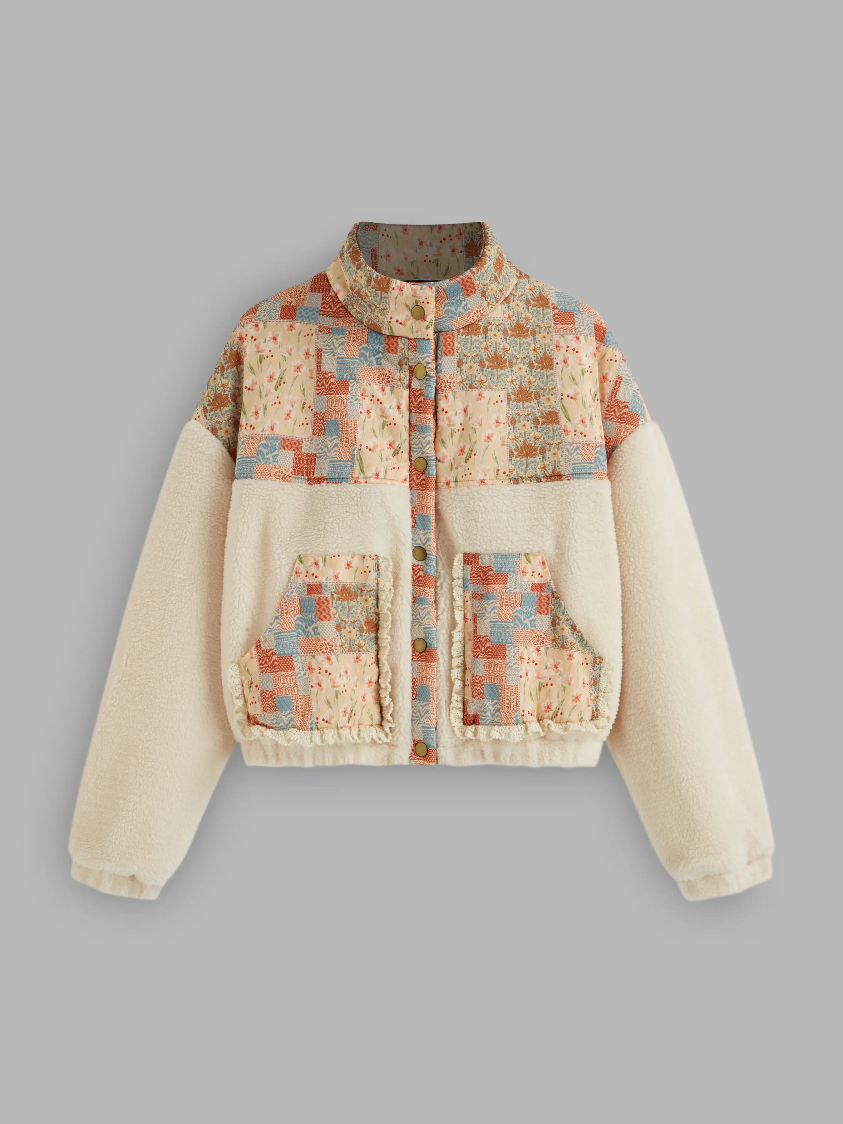 Fleece Stand Collar Floral Oversized Jacket