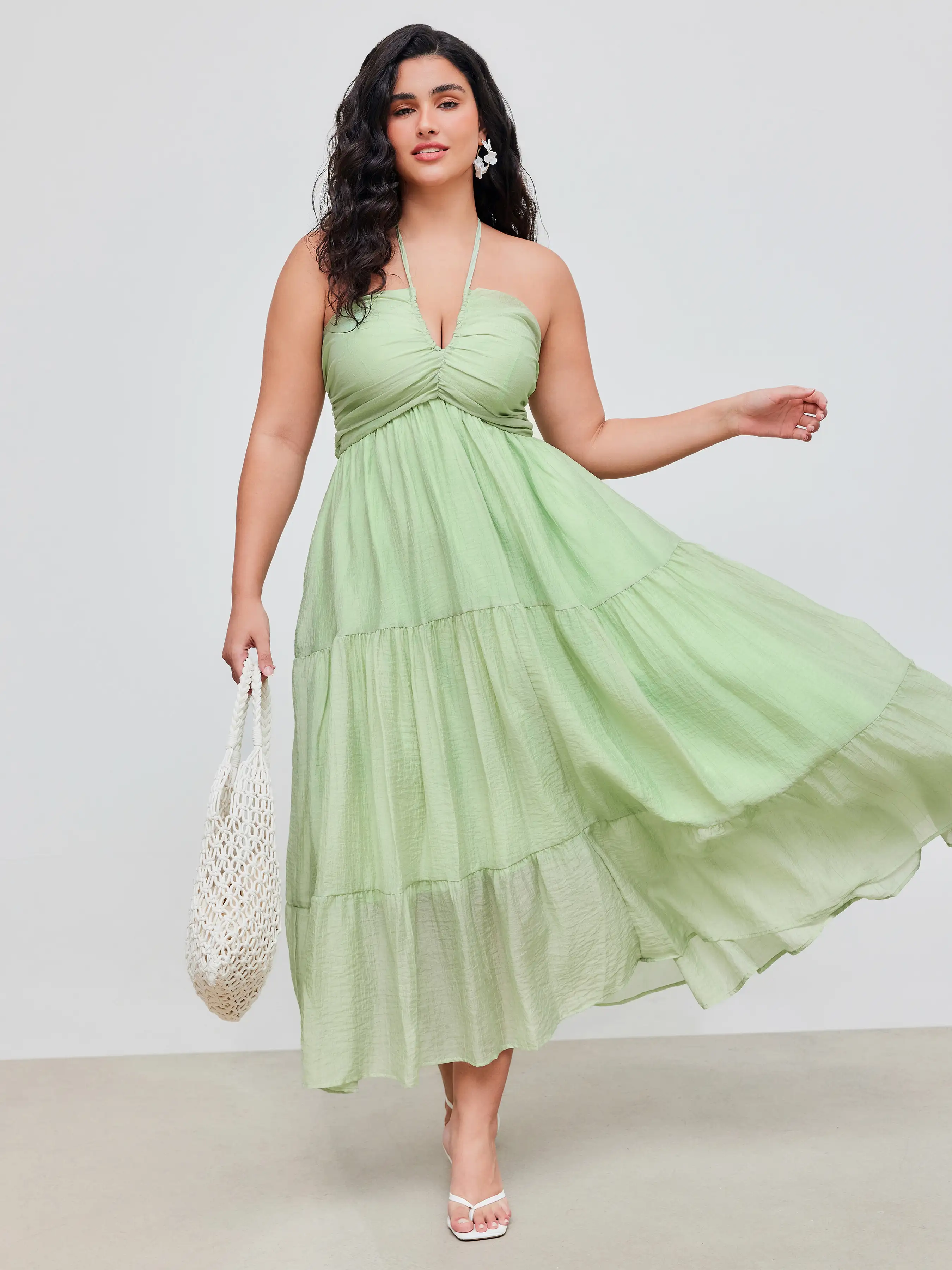 Woven Halter Cut Out Tiered Ruffle Hem Maxi Dress Curve & Plus