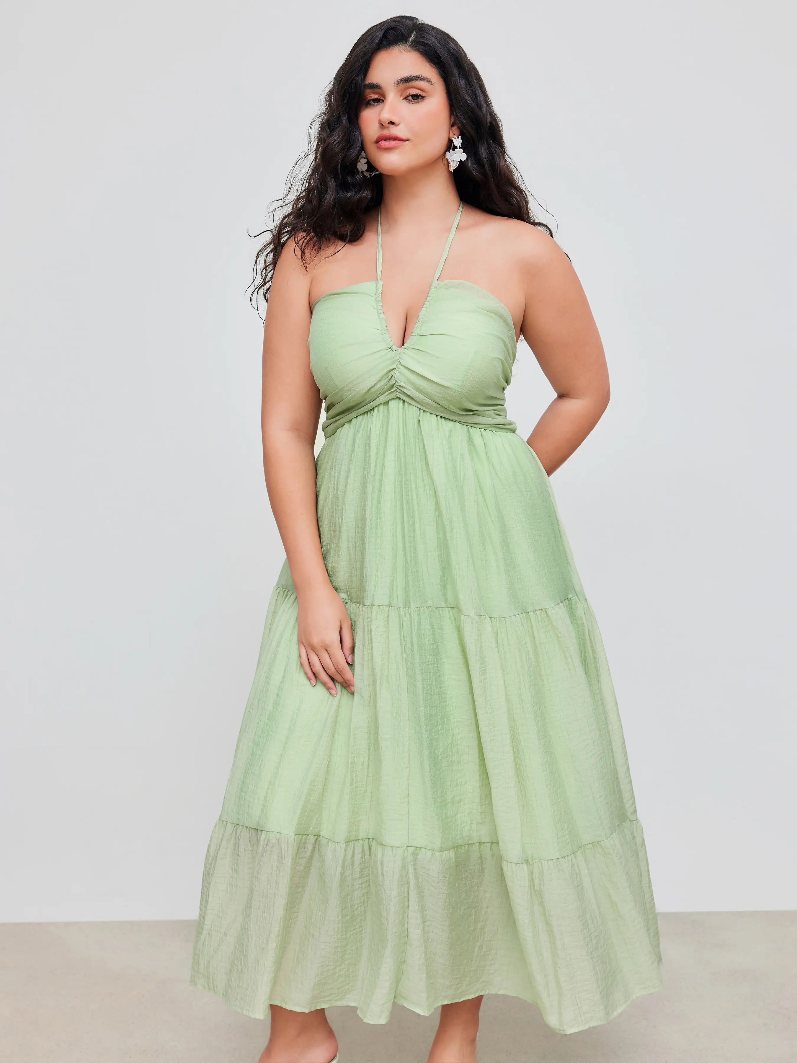 Woven Halter Cut Out Tiered Ruffle Hem Maxi Dress Curve & Plus