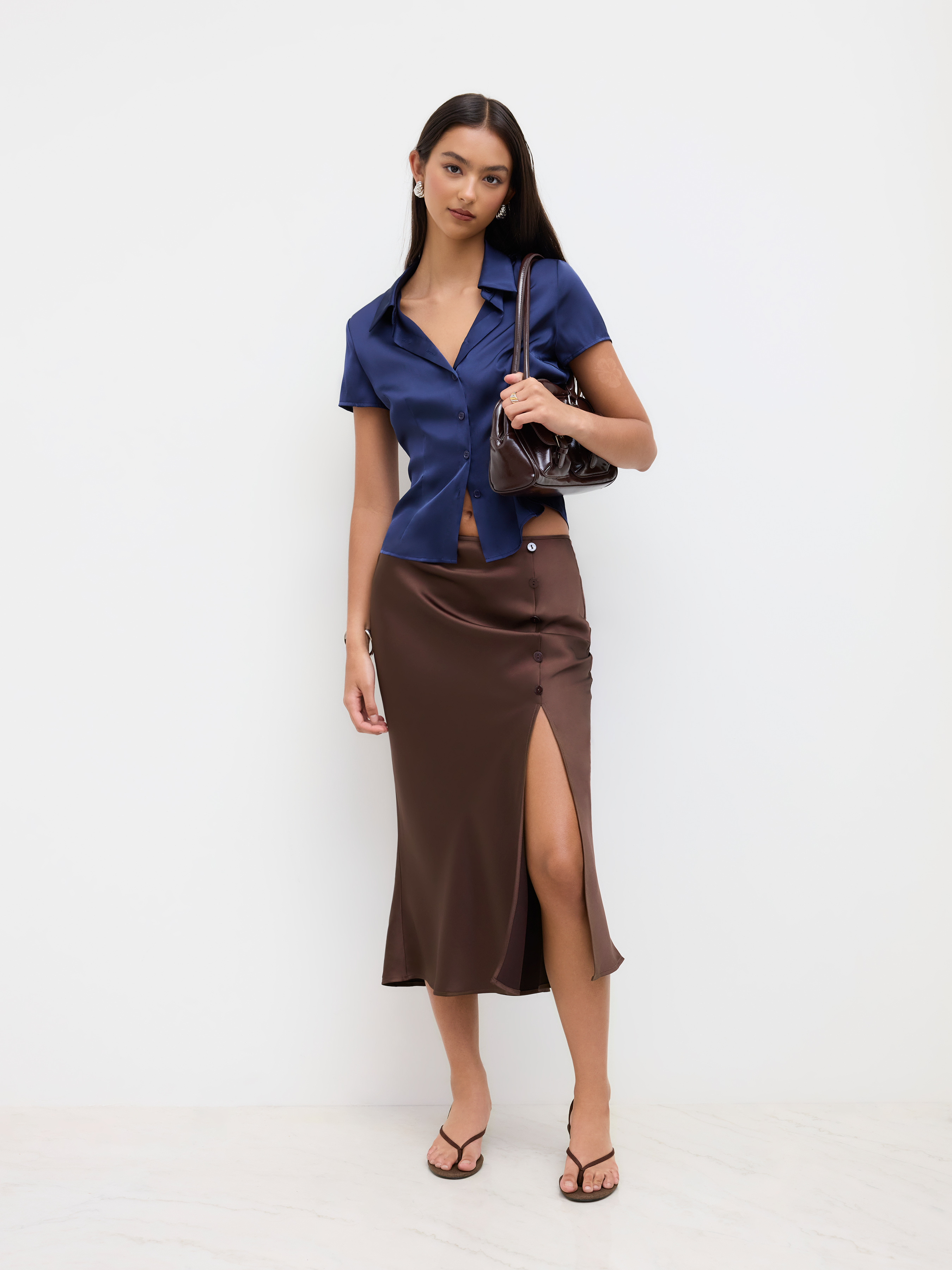Satin Mid Rise Split Side Mermaid Midi Skirt