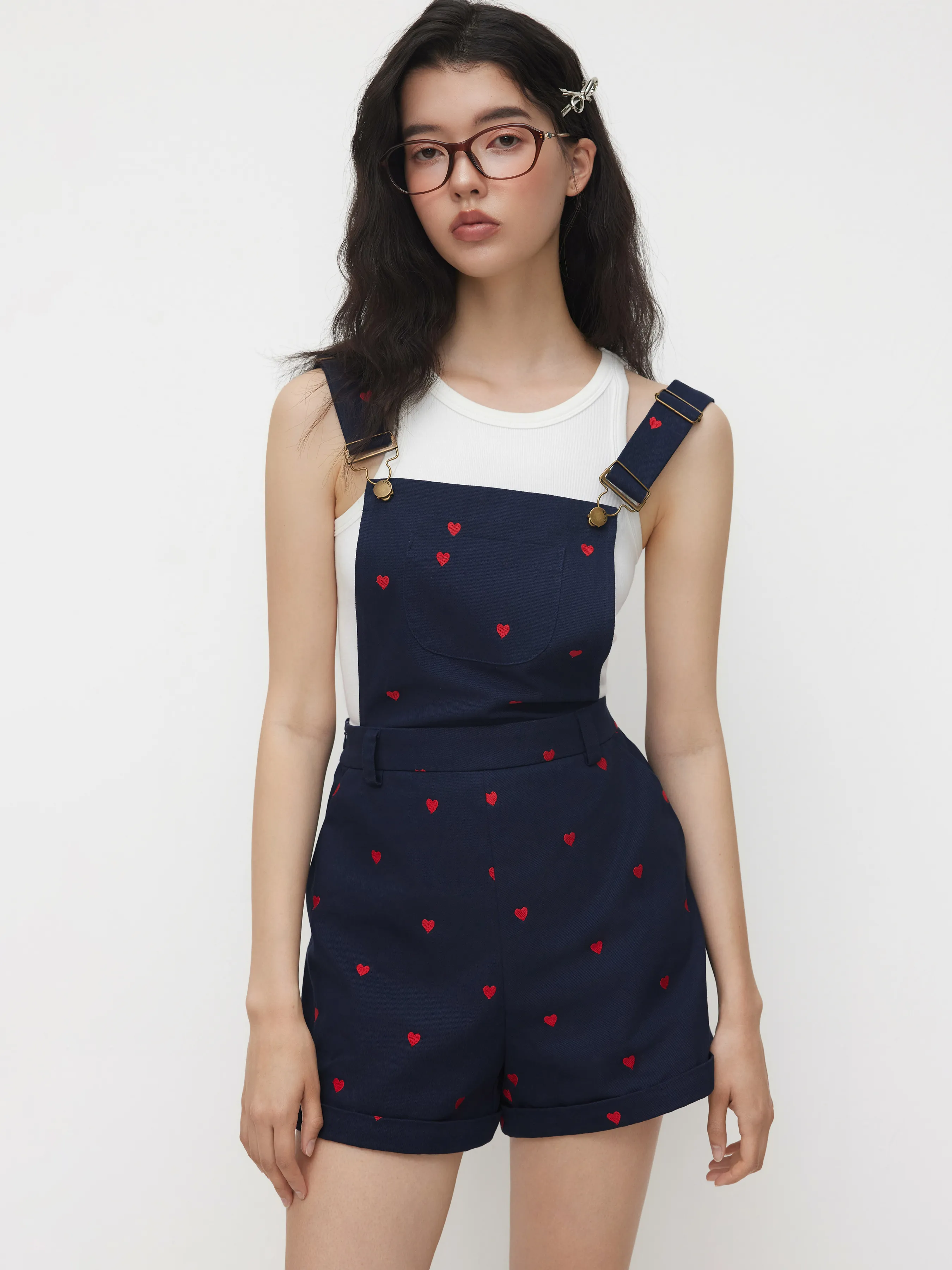 100% Cotton Square Neck Heart Embroidery Buckle Micro Romper