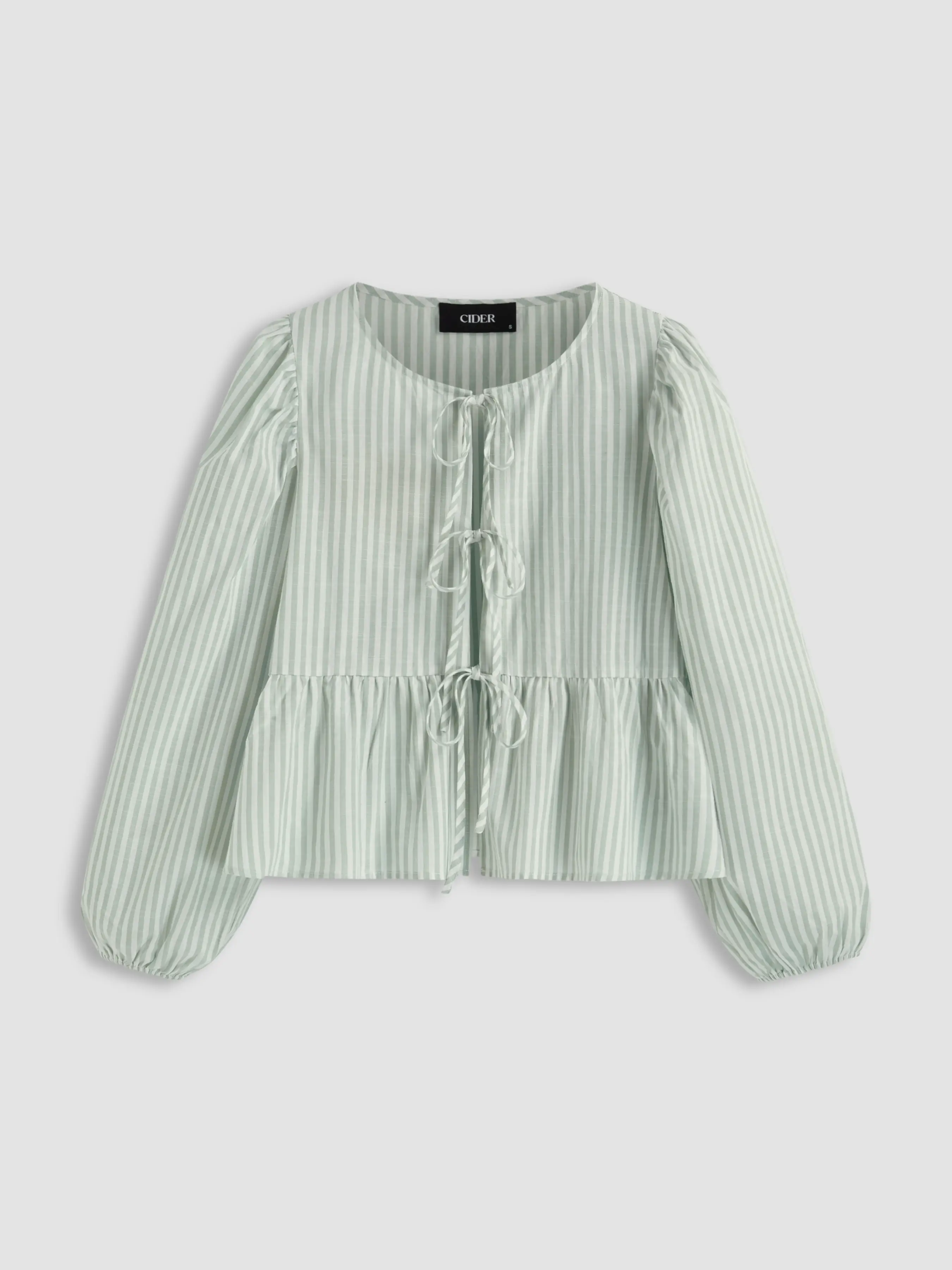 Cotton-blend Stripe Tie Front Bow Blouse