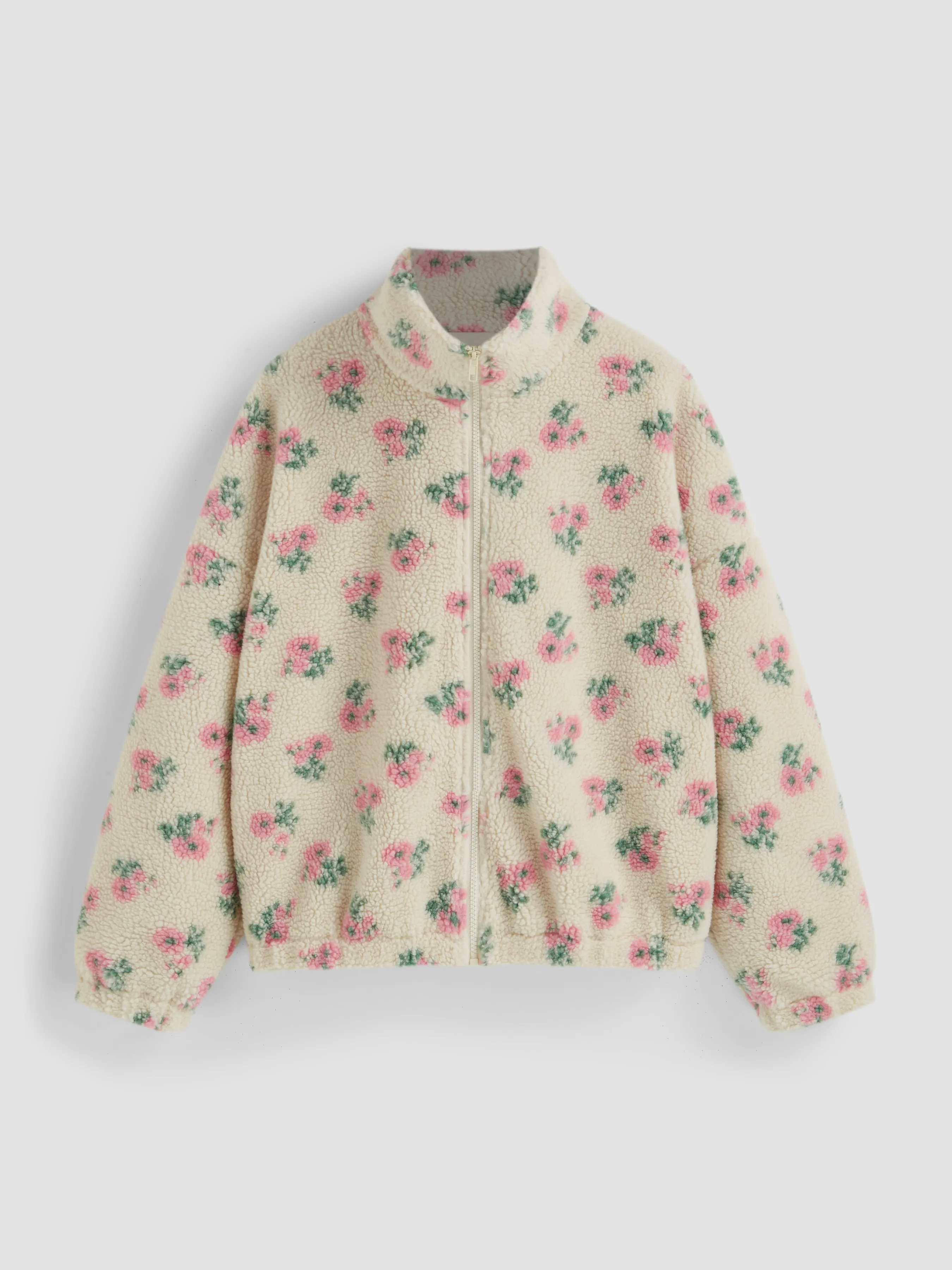 Fleece Stand Collar Floral Zipper Jacket