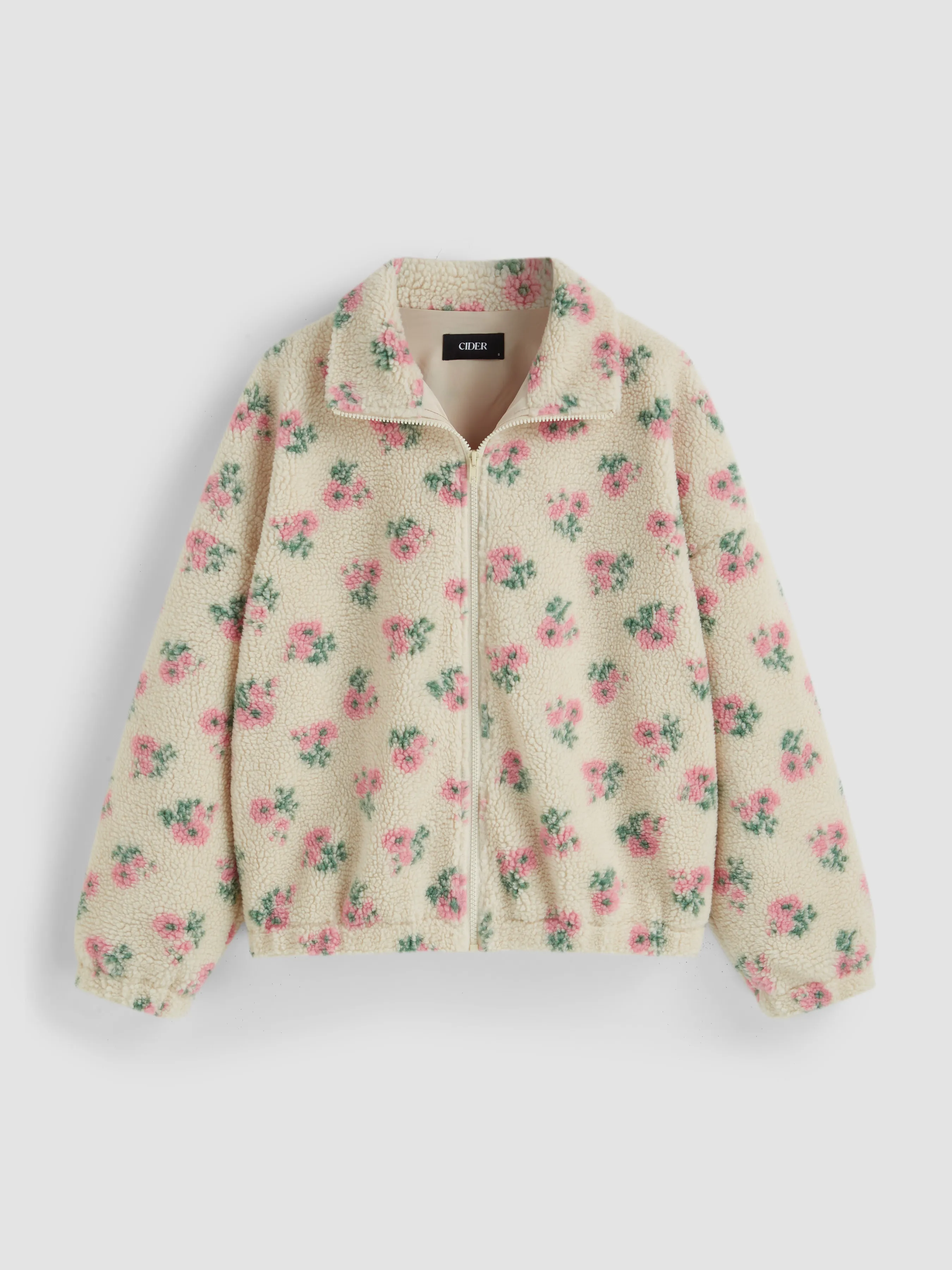 Fleece Stand Collar Floral Zipper Jacket