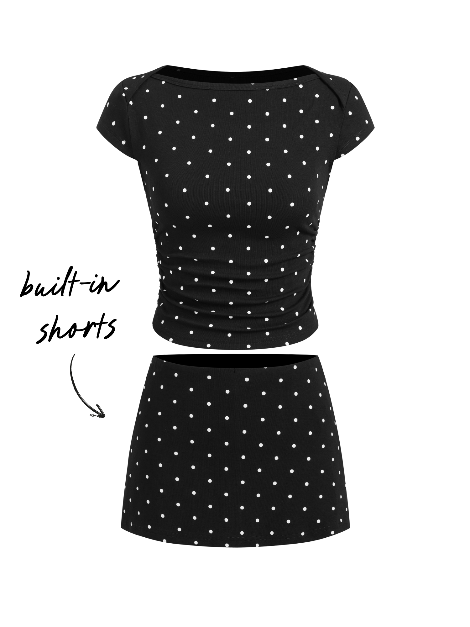 Cotton-blend Boat Neck Polka Dot Ruched Tee & Mini Skort
