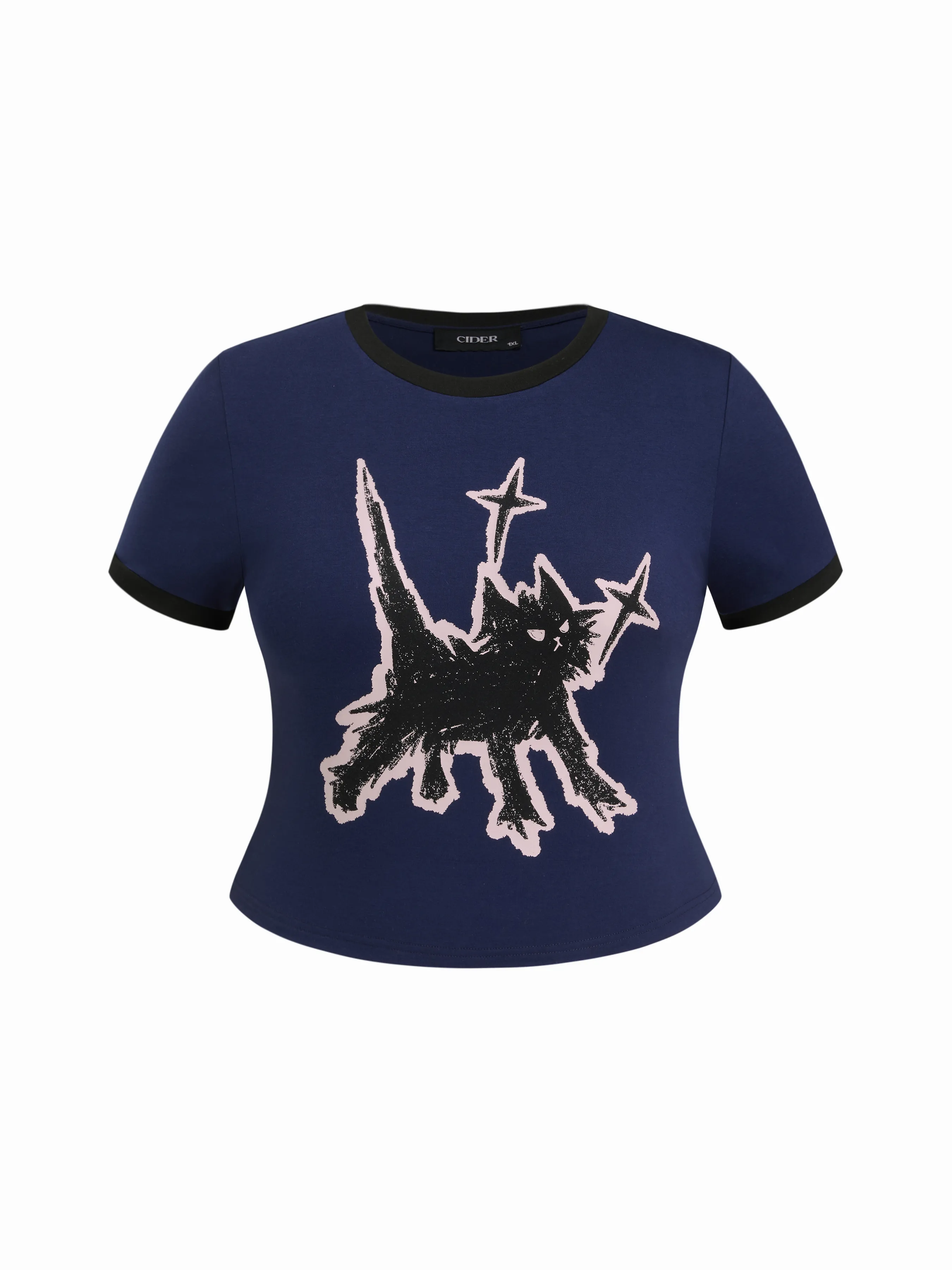 Cat Graphic Round Neckline Short Sleeve Tee Curve & Plus