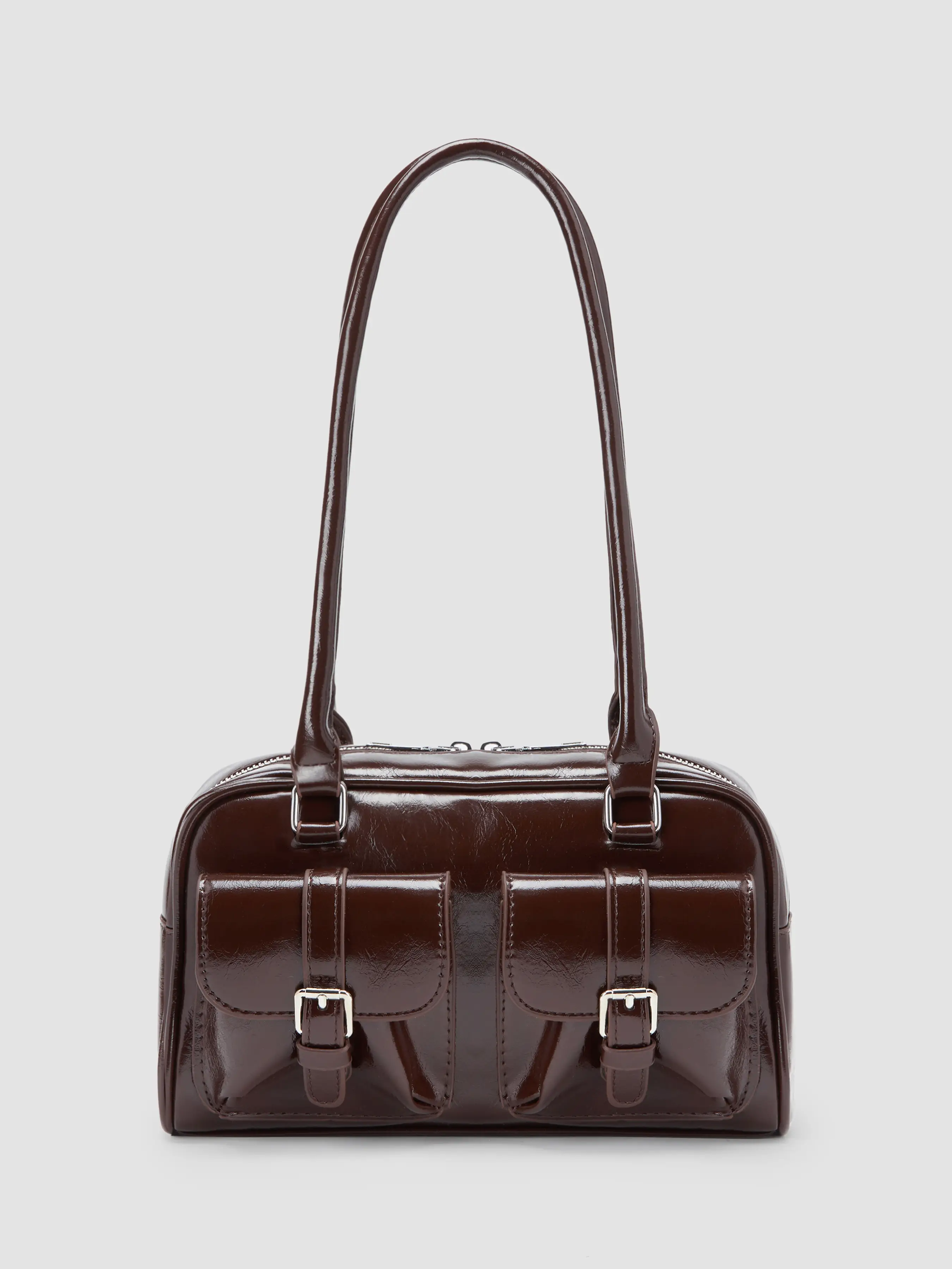 DOUBLE POCKET BOSTON FAUX LEATHER SHOULDER BAG