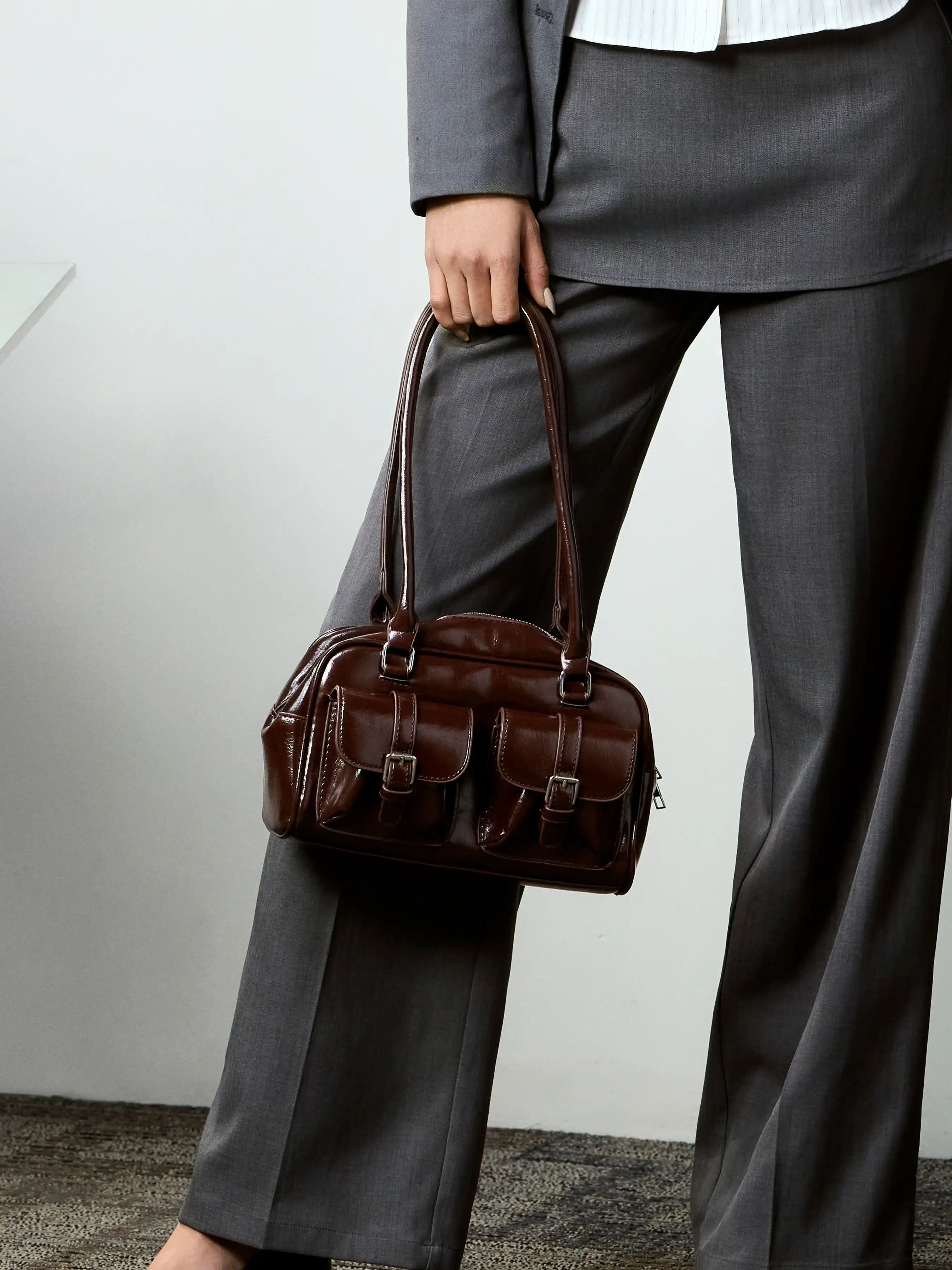 DOUBLE POCKET BOSTON FAUX LEATHER SHOULDER BAG