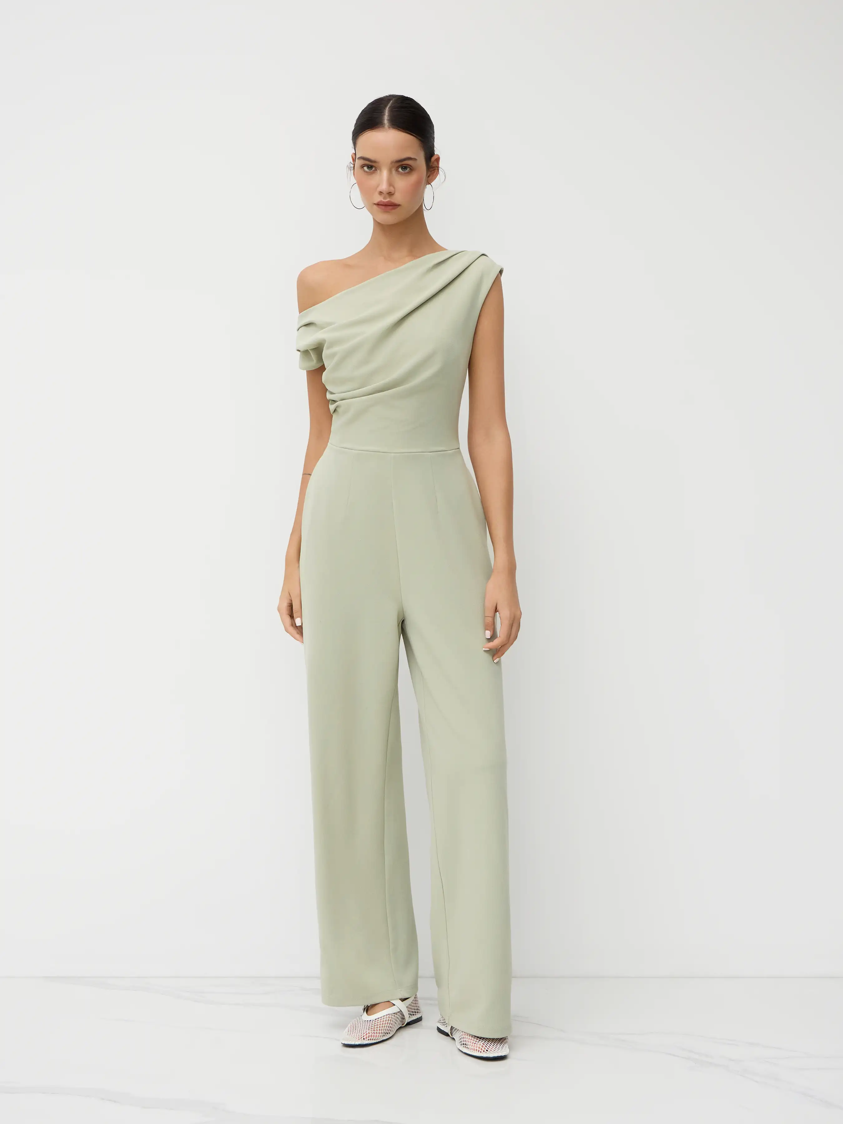 Asymmetrical Neck Ruched Pocket Straight Leg Jumpsuit