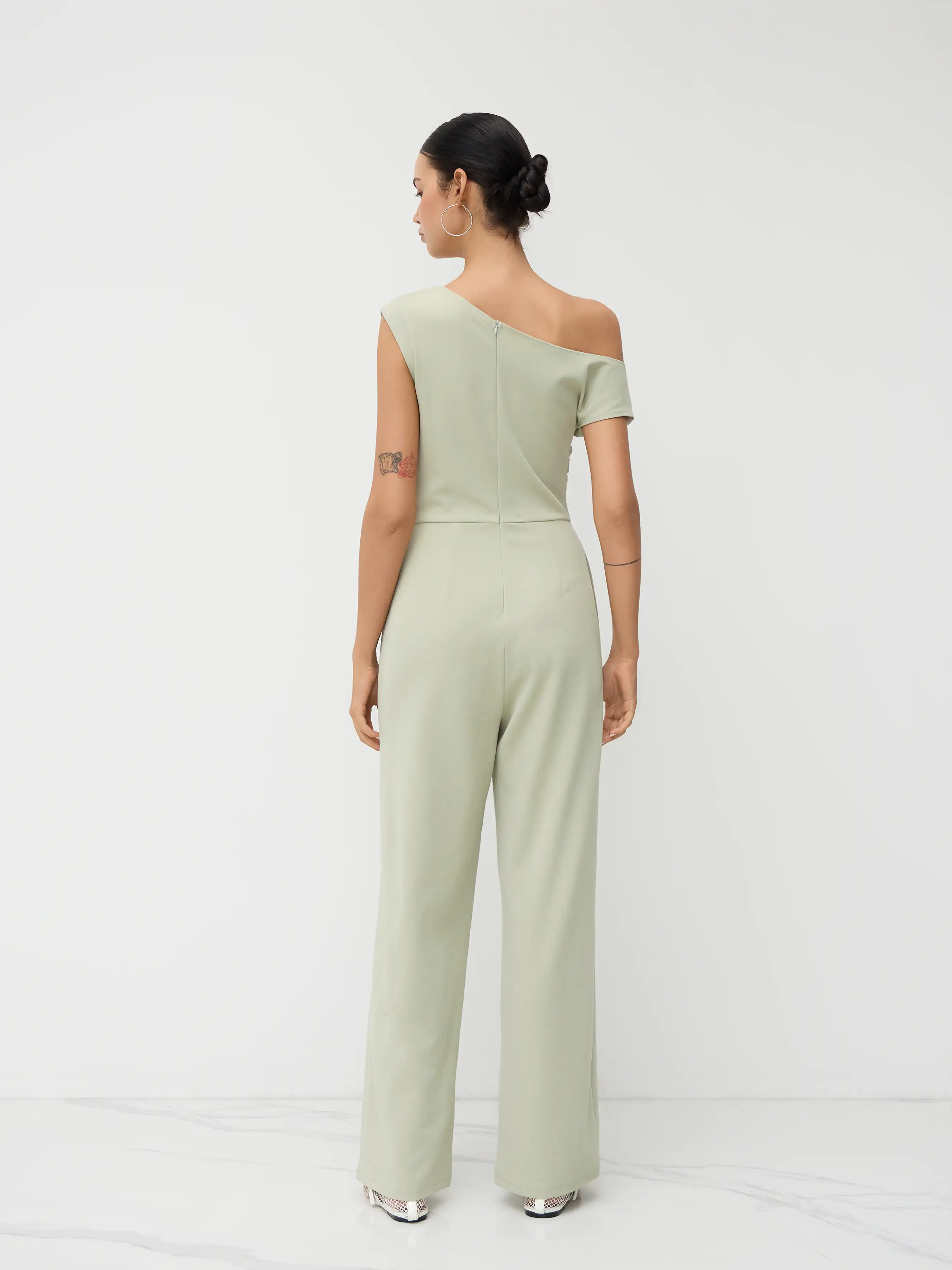 Asymmetrical Neck Ruched Pocket Straight Leg Jumpsuit